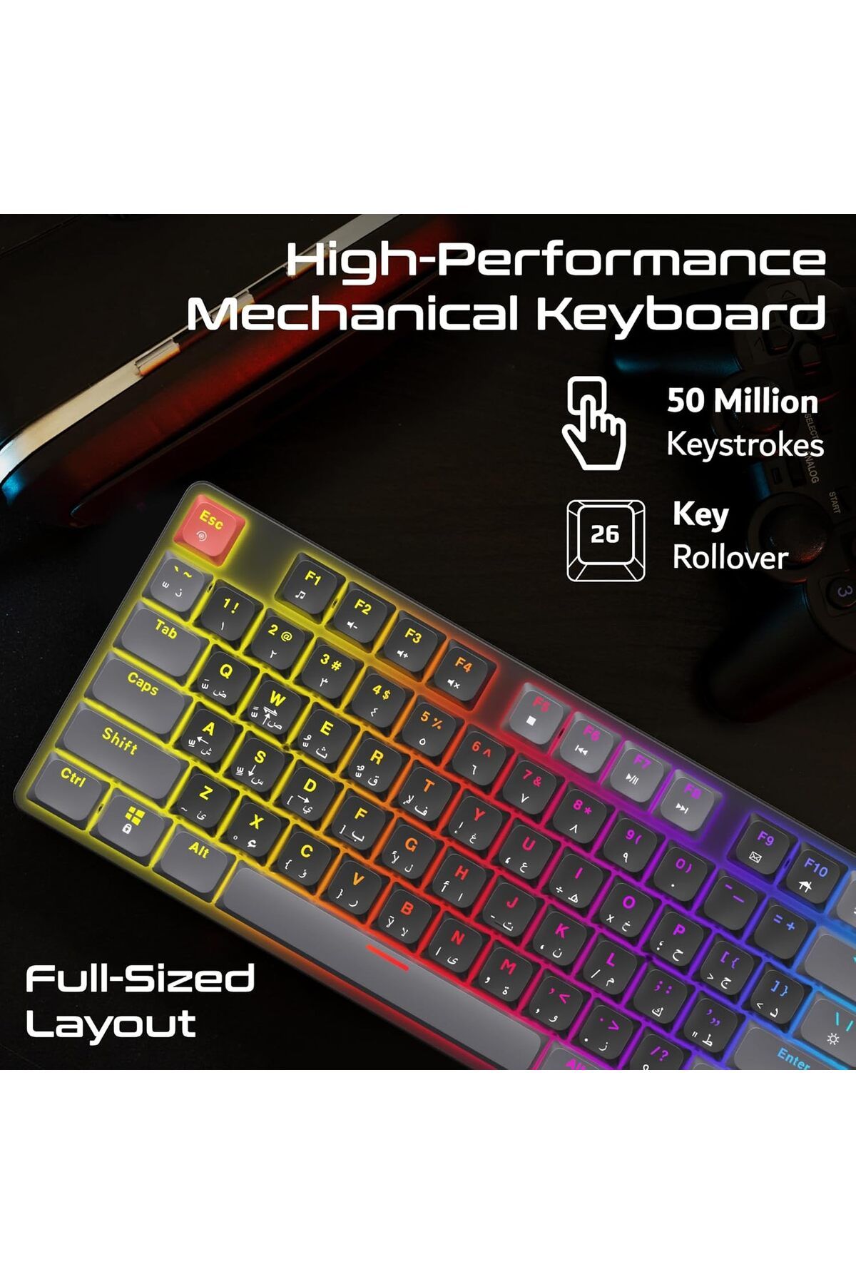 VERTUX-Full-Size Mechanical Keyboard for Gamers With 17 LED Rainbow Modes, Low-Profile Dust-Proof Ke 3