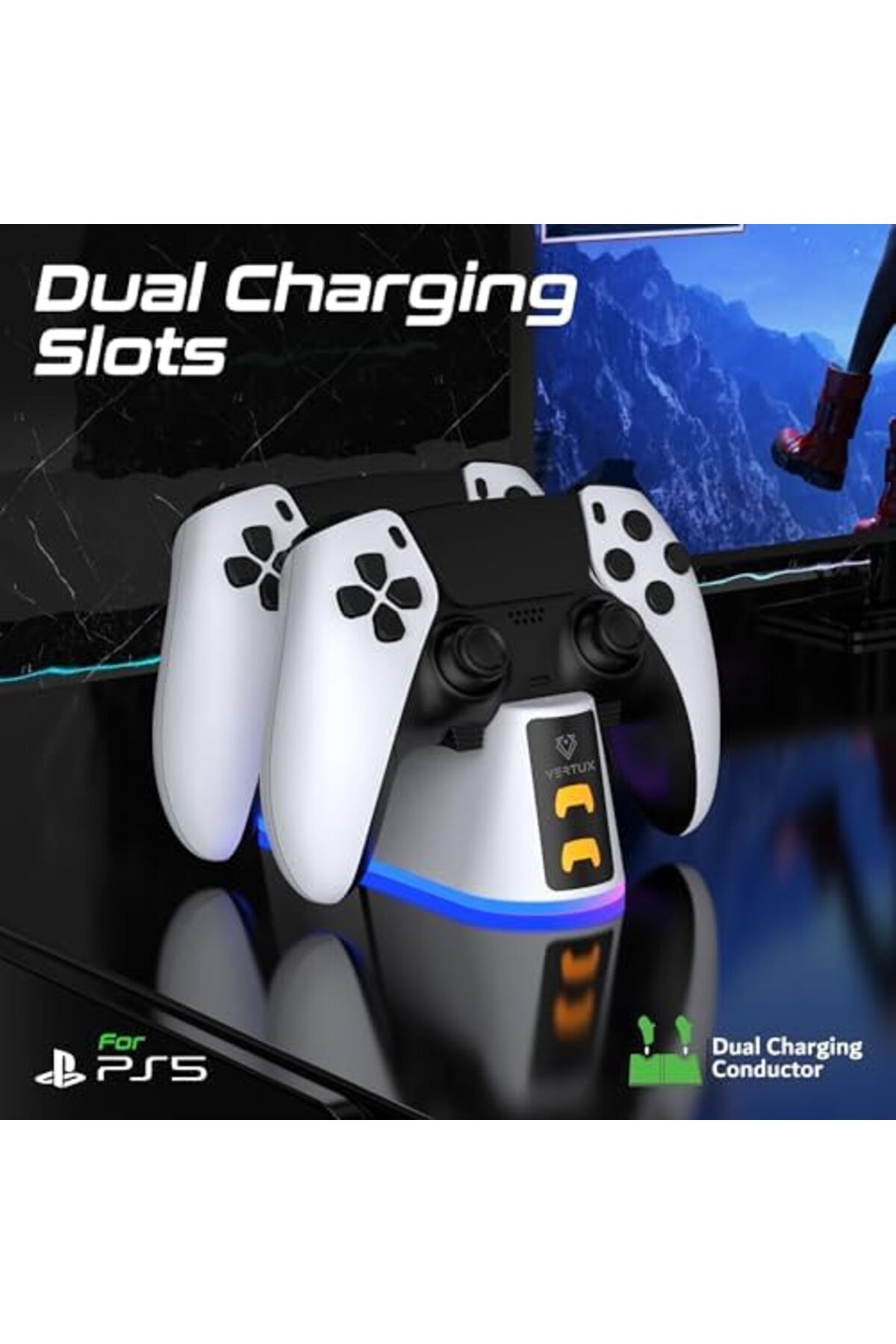 VERTUX-PS5 Controller Charging Station with Dual Click-In Slots, RGB Lights and LED Battery Indicato 4