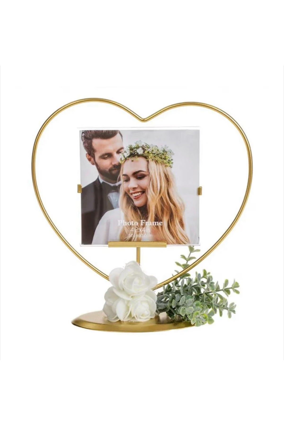 takı tutkum-Decorative Gold Heart Shape Metal Frame with White Roses Wedding Bride 1