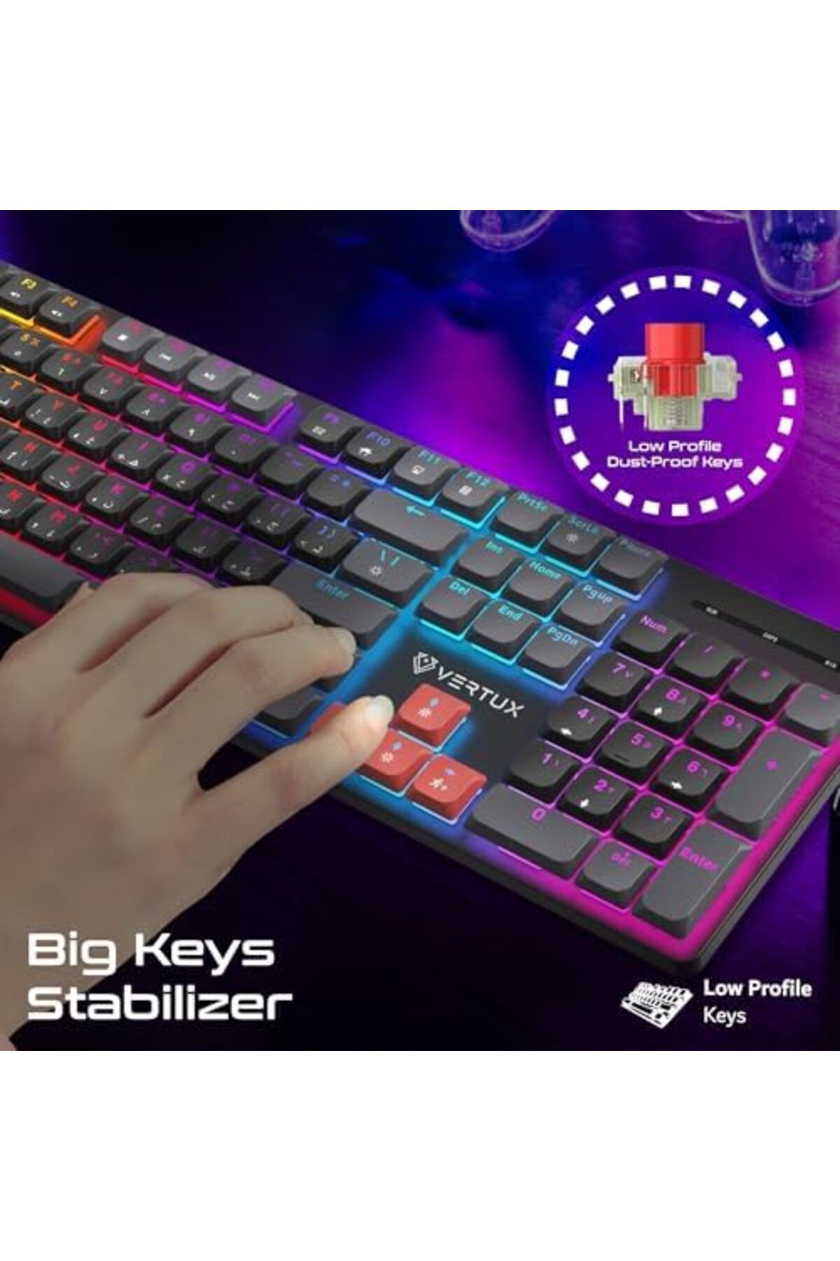 VERTUX-Full-Size Mechanical Keyboard for Gamers With 17 LED Rainbow Modes, Low-Profile Dust-Proof Ke 6