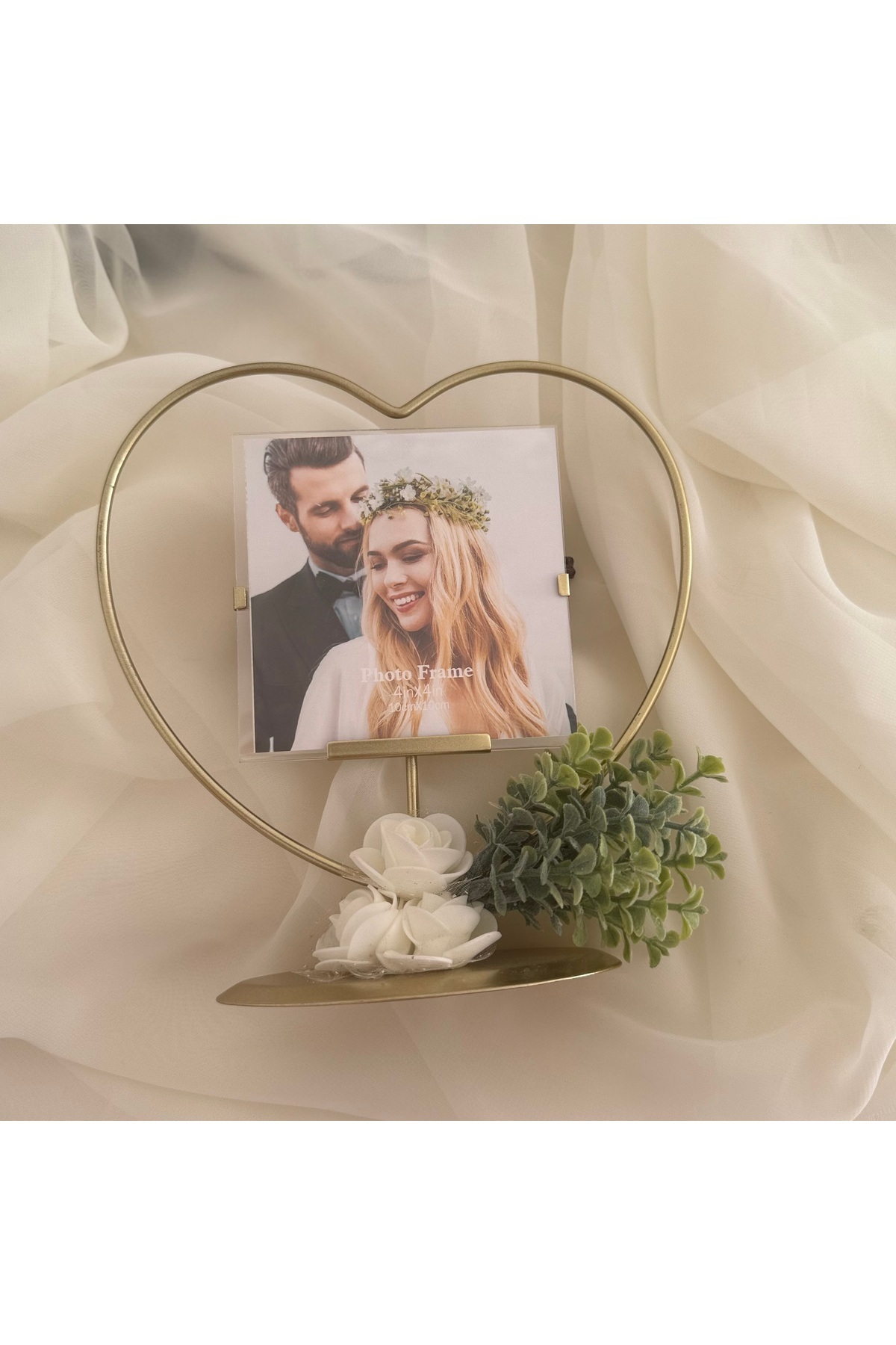 takı tutkum-Decorative Gold Heart Shape Metal Frame with White Roses Wedding Bride 3
