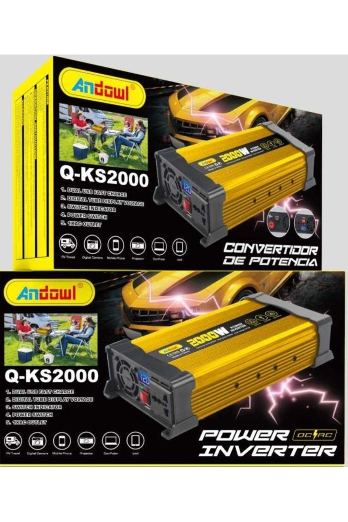 divendi-ro-Invertor de tensiune auto KS2000, 2000W 12V, 220V, cu undă sinusoidală modificată, indicator LED, placat cu aur 7