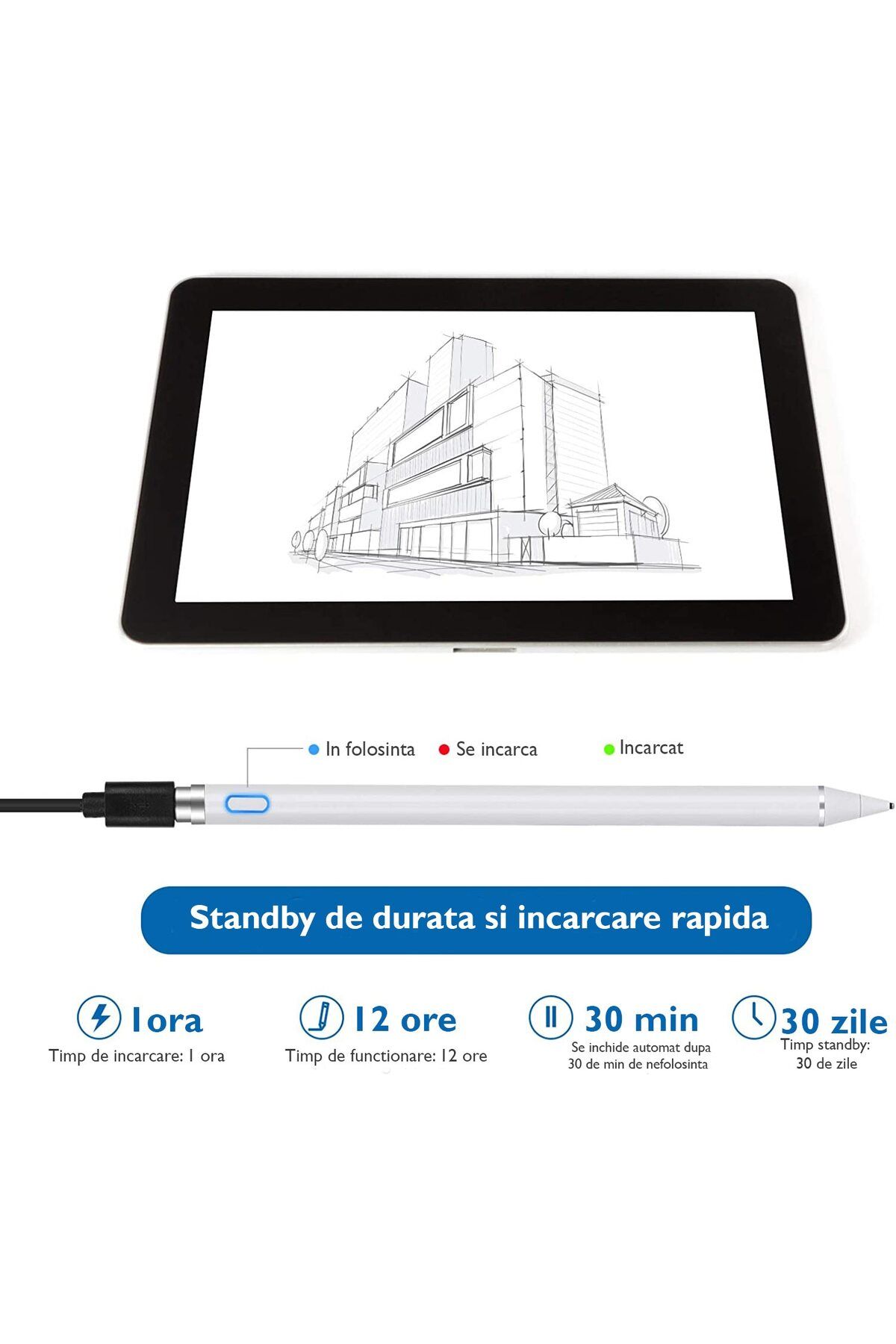 WowStep-Stylus iPad Pen Universal,, Pix Touch Tableta iPad Apple 2010-2022, Android, Windows, Fara Lag, Alb 5