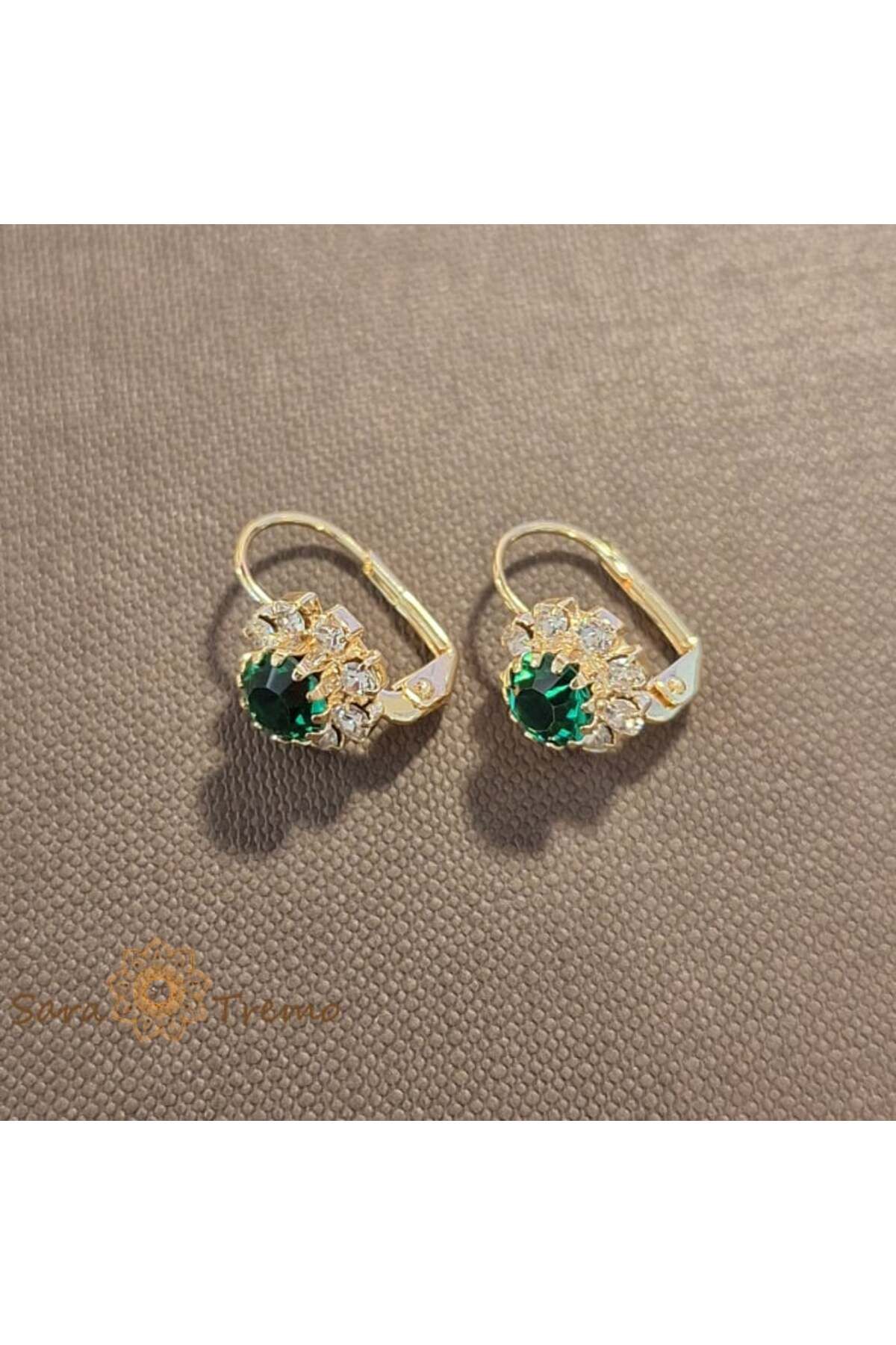 saratremo-Classic Gold-Plated Earrings with Flower and Green Zirconia Crystal 1
