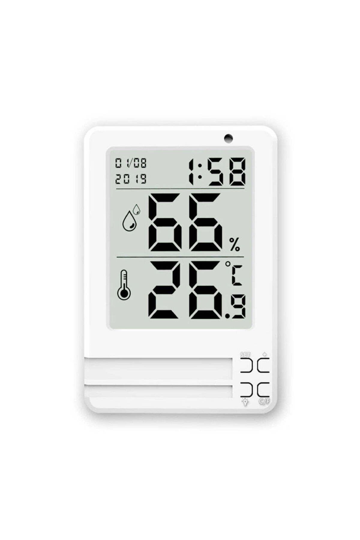 SOLLUXE-Hygrometer and digital room thermometer with clock and date display, 3.2" illuminated LCD display, 3 4