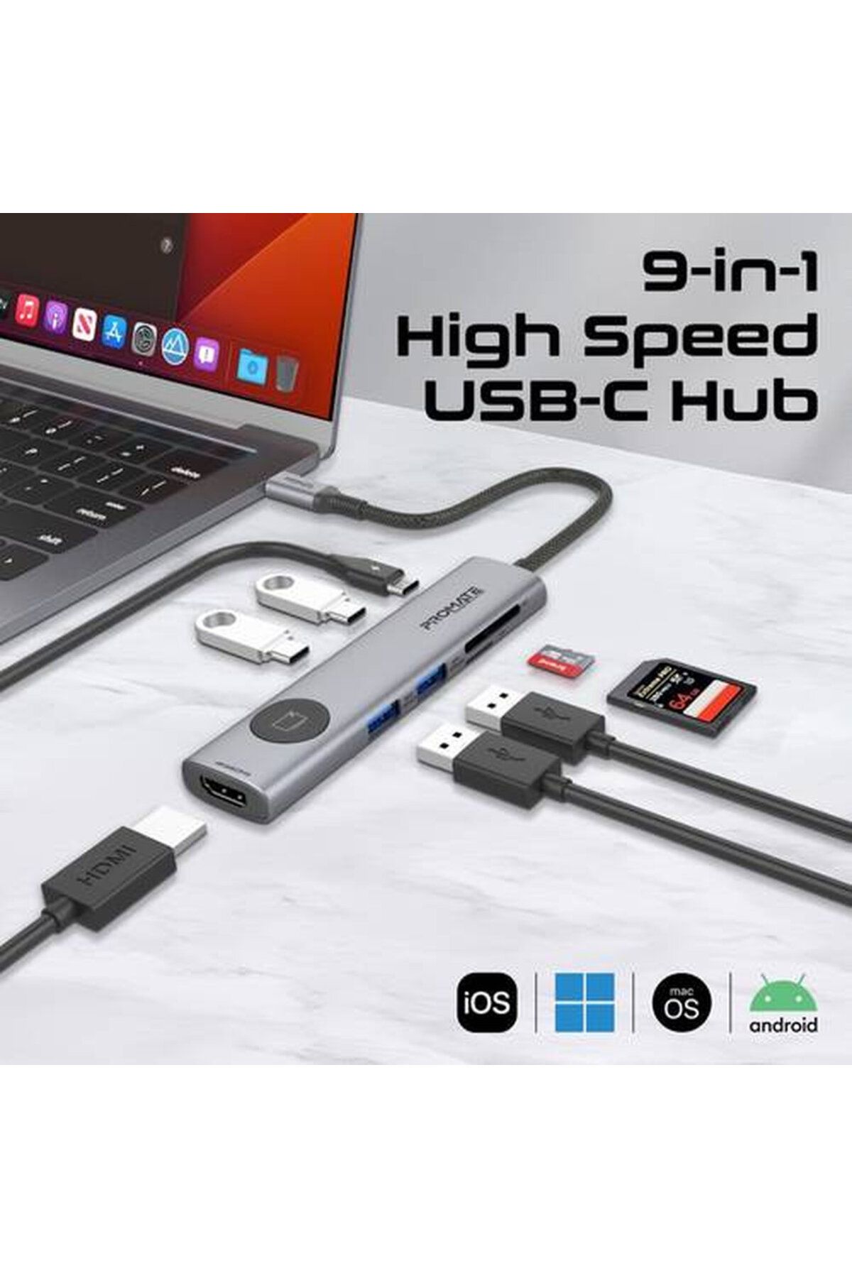 Promate-"موزع USB-C متعدد المنافذ 9 في 1 مع زر خصوصية HDMI، منافذ USB-C وUSB-A بسرعة 5Gbps، منفذ HDMI 3