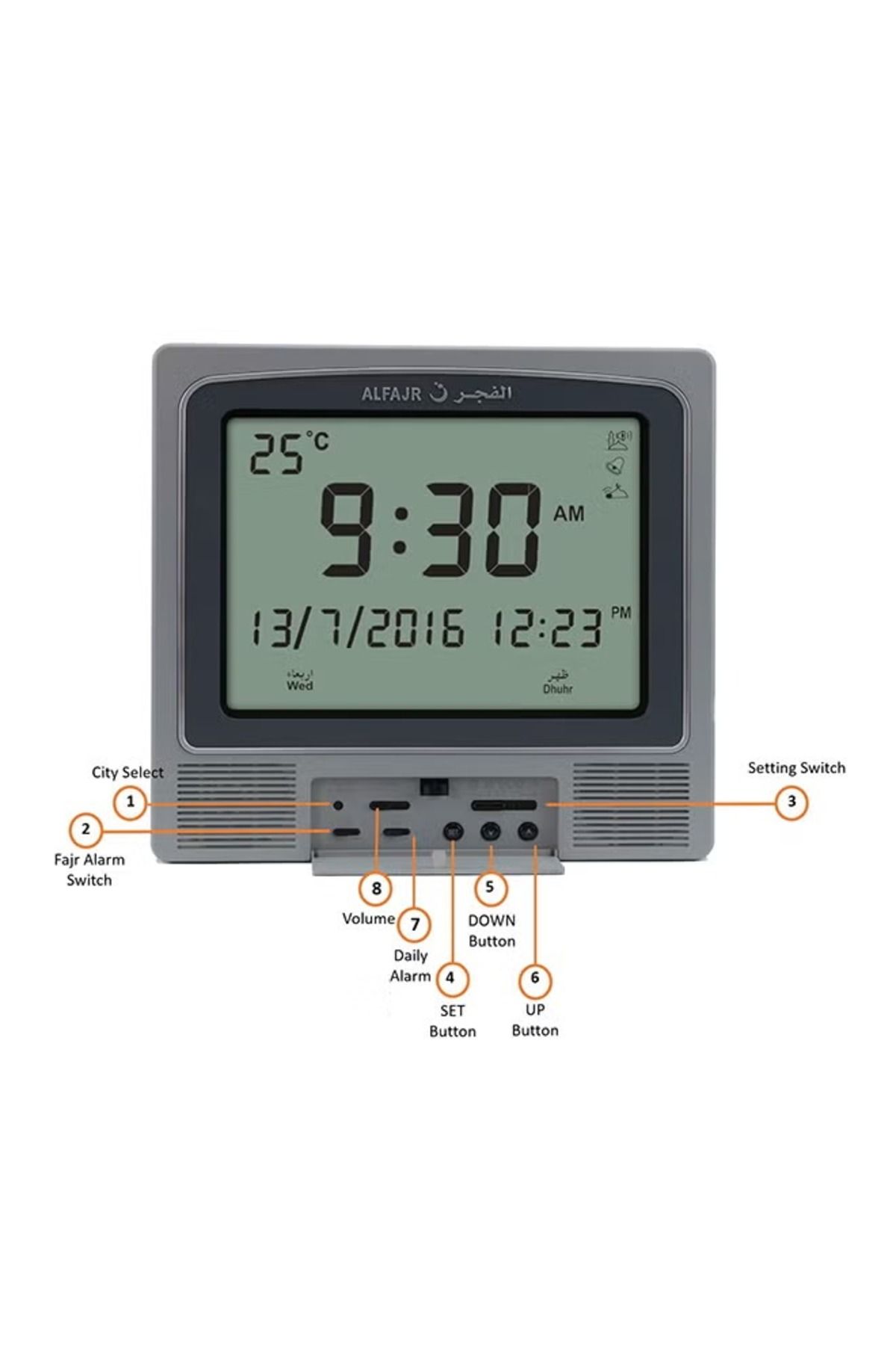 rexa-Digital Wall And Table Azan Clock For Prayer With Large LCD Display Grey 21 x 22 x 2.5cm 1