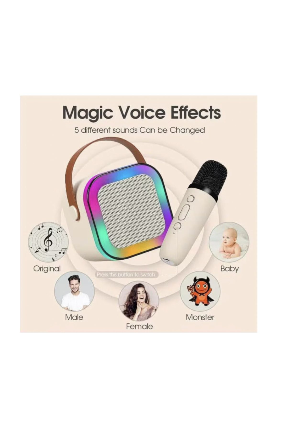 Razo-Mini Karaoke Set with Bluetooth Speaker and 2 Wireless Microphones, Multi-Functional, Magic Effects 4