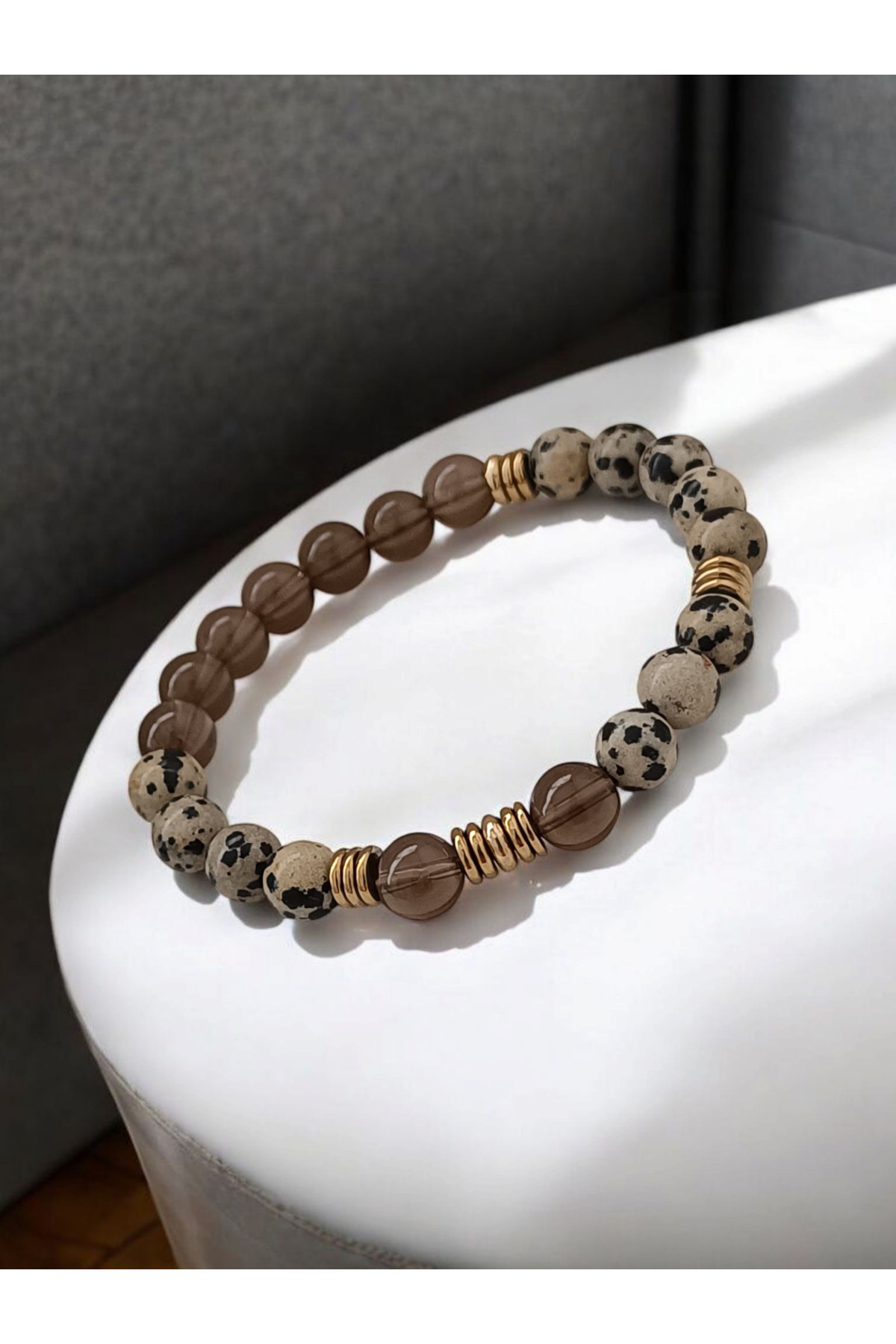 ms denis-"Nature's Magic: Unique Bracelet Designed with Dalmatian Jasper, Smoky Quartz and Gold Hematite" 7