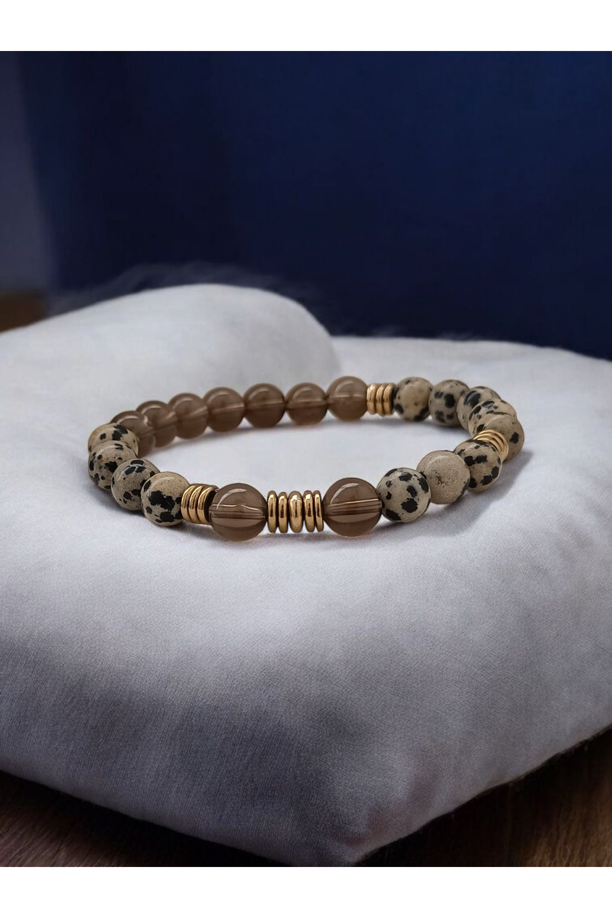 ms denis-"Nature's Magic: Unique Bracelet Designed with Dalmatian Jasper, Smoky Quartz and Gold Hematite" 3