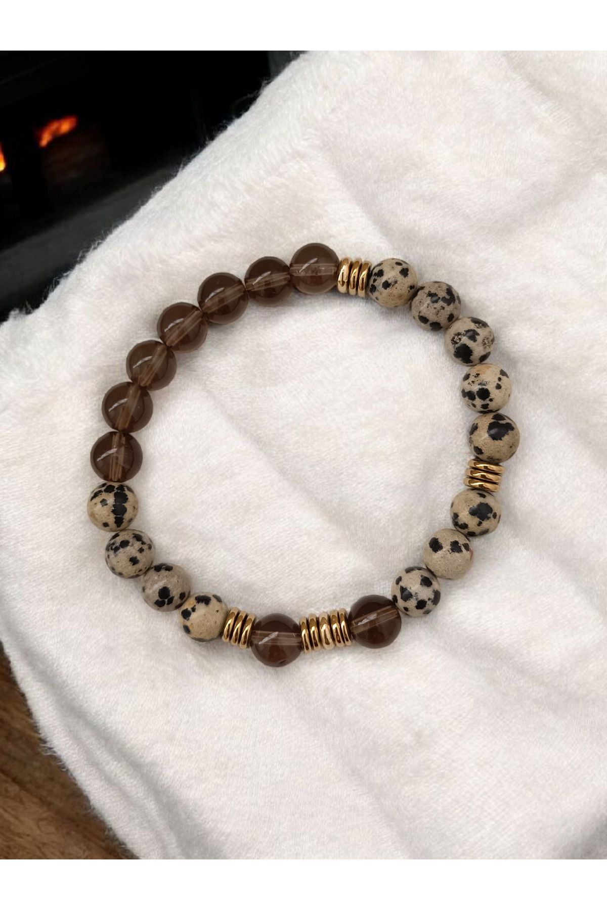 ms denis-"Nature's Magic: Unique Bracelet Designed with Dalmatian Jasper, Smoky Quartz and Gold Hematite" 8