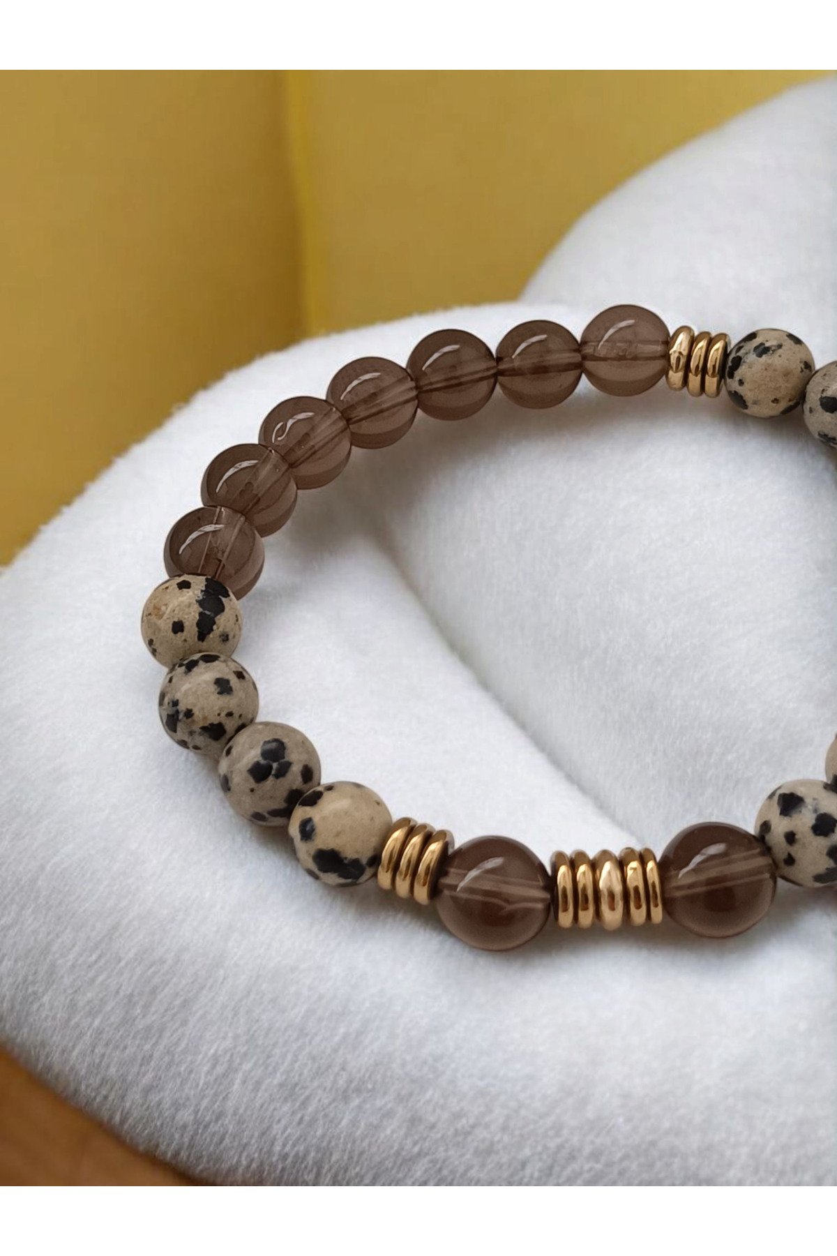 ms denis-"Nature's Magic: Unique Bracelet Designed with Dalmatian Jasper, Smoky Quartz and Gold Hematite" 4