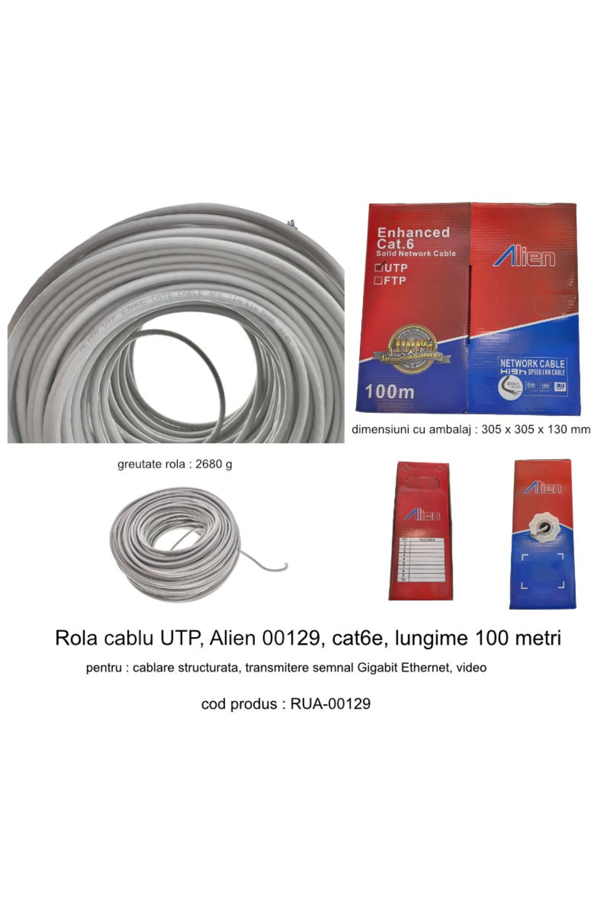 Alien Surface-UTP cable roll, Alien 00129, cat6e, length 100 meters, CCA, AWG 23, network connection, ethernet, gray 4
