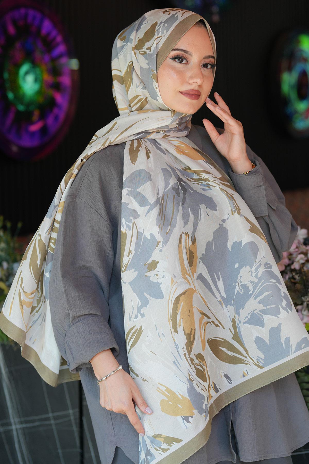 AFVENTE  Zambak Çiçek Desen Gri Soft Pamuk Şal - Görsel 3