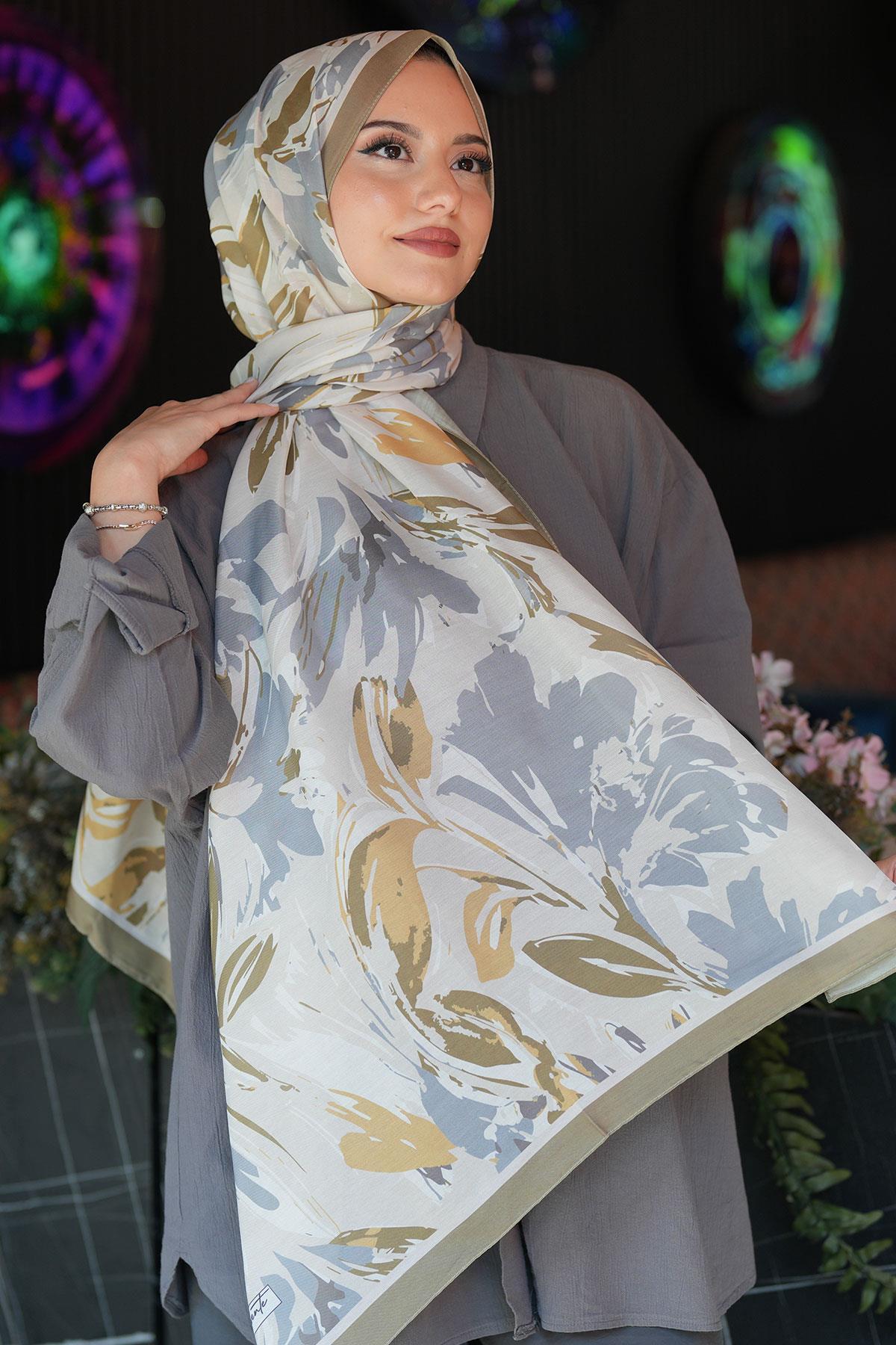 AFVENTE  Zambak Çiçek Desen Gri Soft Pamuk Şal