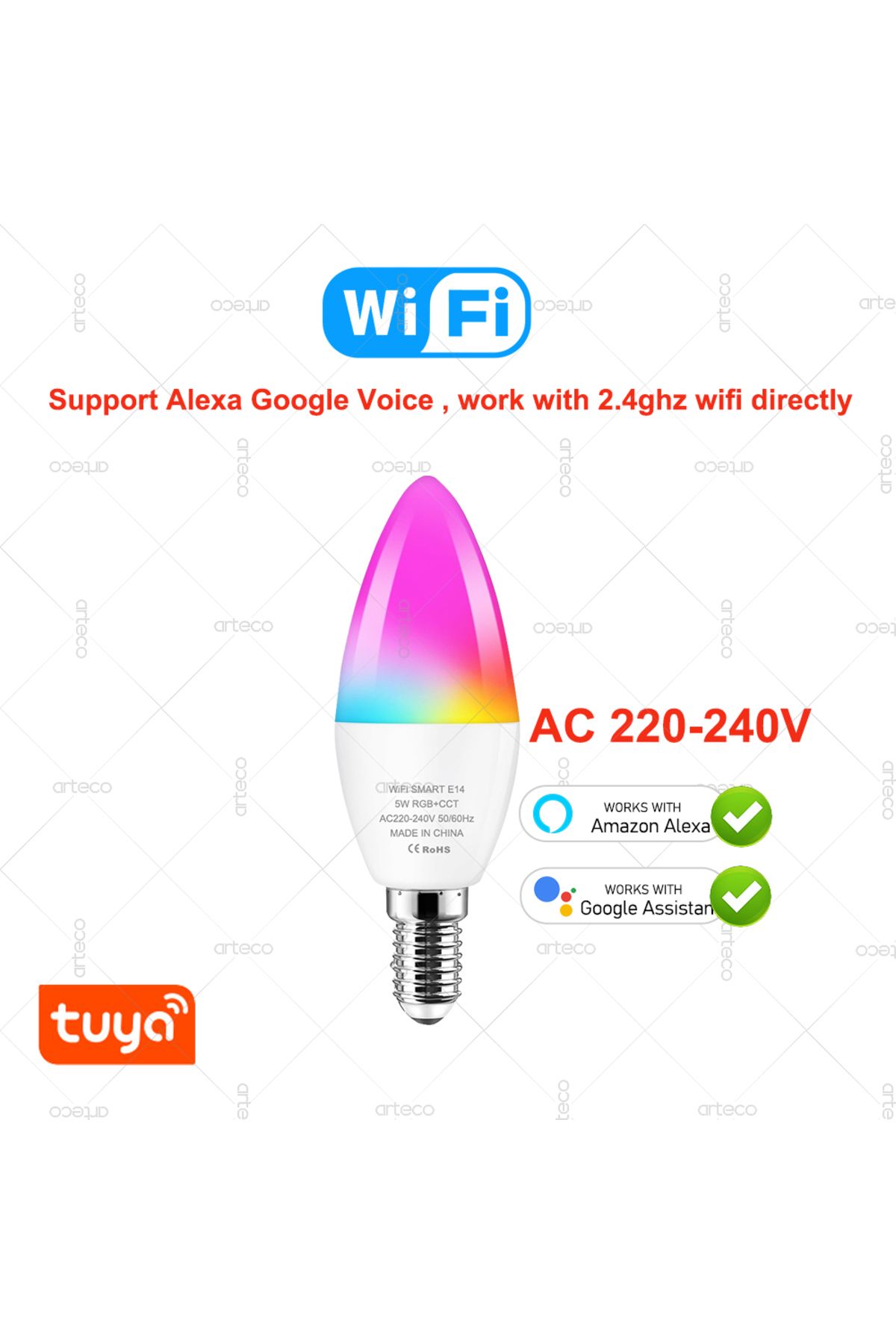 Choice-WiFi 220-240V Tuya E14 Candle Lamp Smart Life App Control Smart Bulb WiFi Or Bluetooth RGB+CW LED Li 1