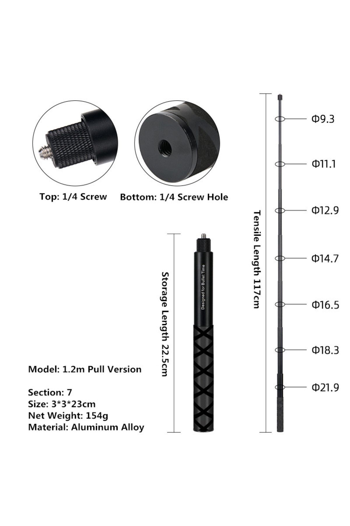 Choice-117CM Invisible Selfie Stick for GoPro 13 12 11 10 9 8 Insta360 X5 X4 X3 X2 1/4" Extended Monopod Po 1