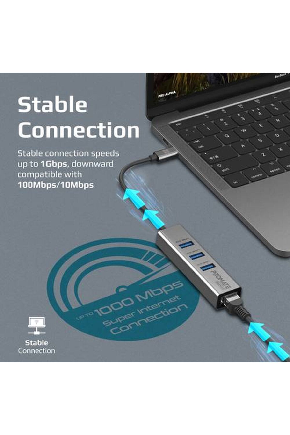 Promate-USB-C Hub with Ethernet Adapter with 3 USB 3.0 Ports and 1000Mbps Ethernet Range 4