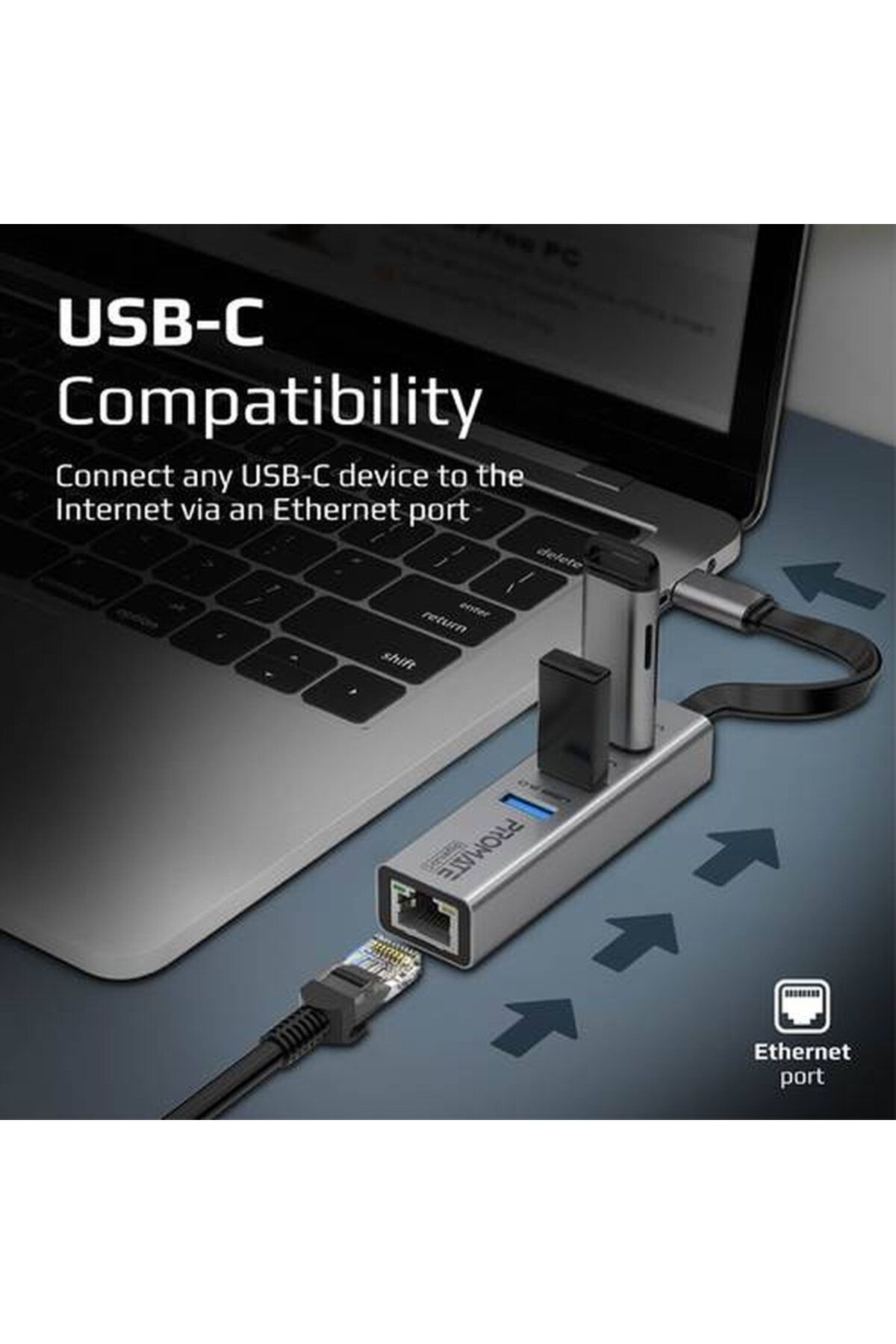 Promate-USB-C Hub with Ethernet Adapter with 3 USB 3.0 Ports and 1000Mbps Ethernet Range 2