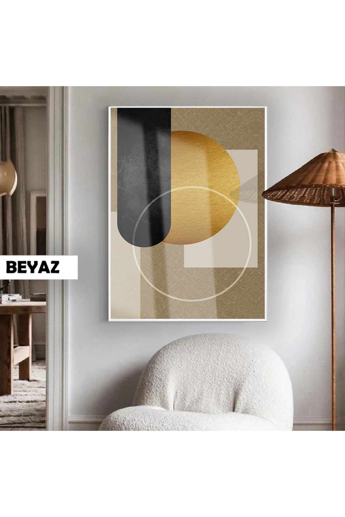 HARIKABIREV|GRAY-GOLD ABSTRACT BOHO MODEL 01 |FRAMED TEMPERED GLASS TABLE SINGLE VERTICAL