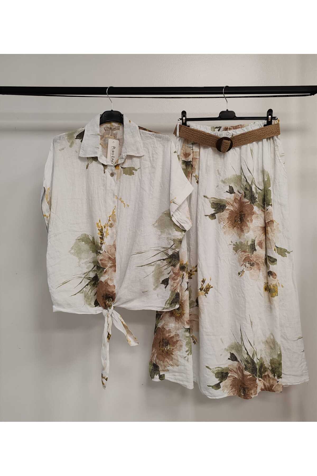 Women's White Italian Floral Pattern Skirt - Shirt Linen Set