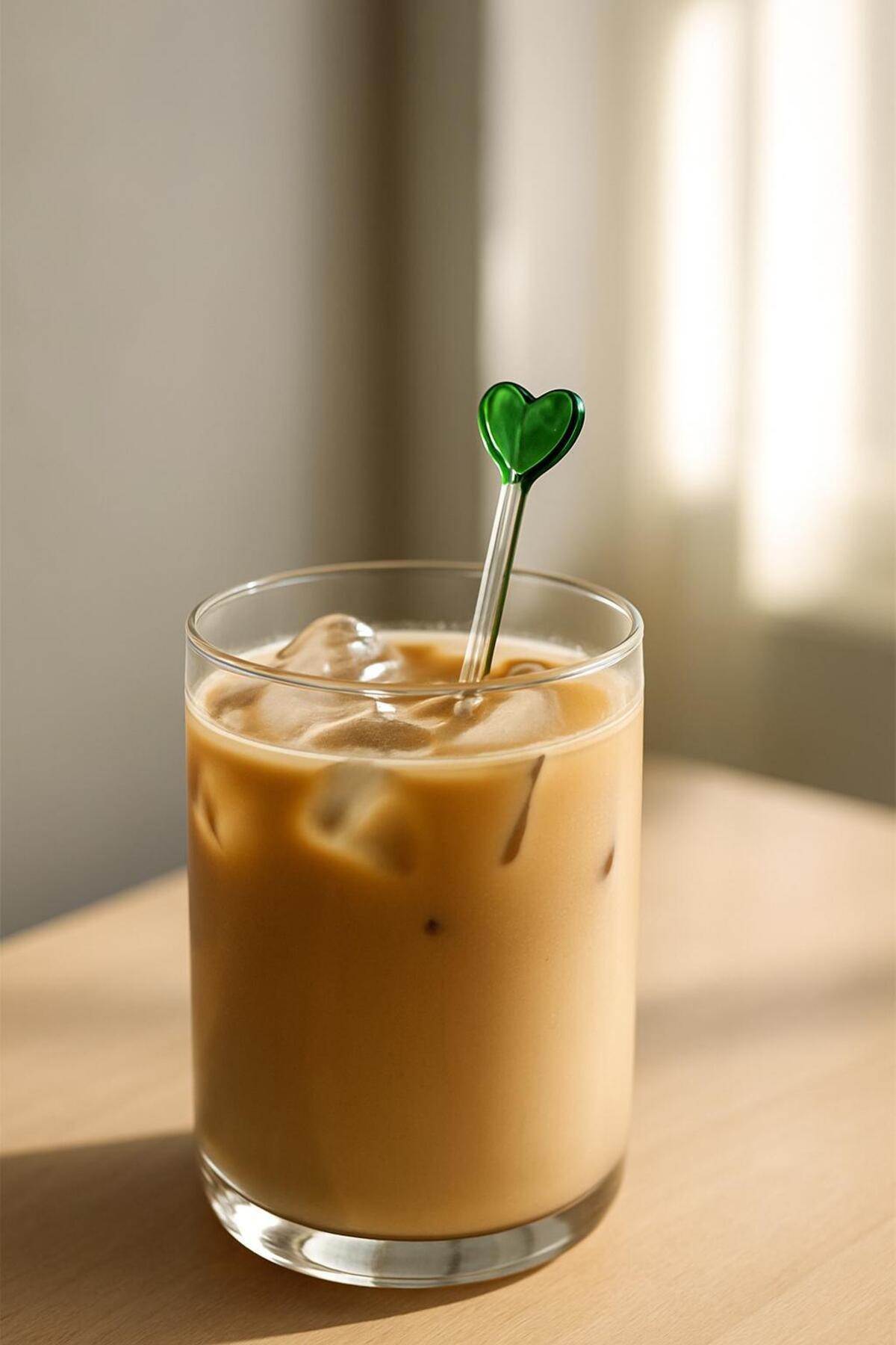 Ice Latte Karıştırma Kaşığı 21 cm Cam Kalp Figürlü Latte Kaşığı