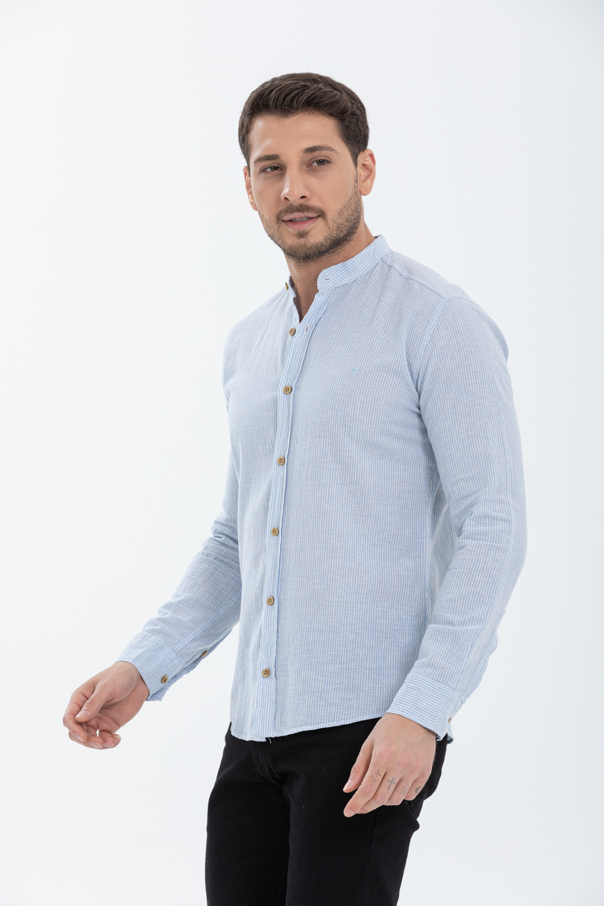 Klothy  Erkek Uzun Kol Hakim Yaka Çizgili Keten Gömlek 2447 - Görsel 3