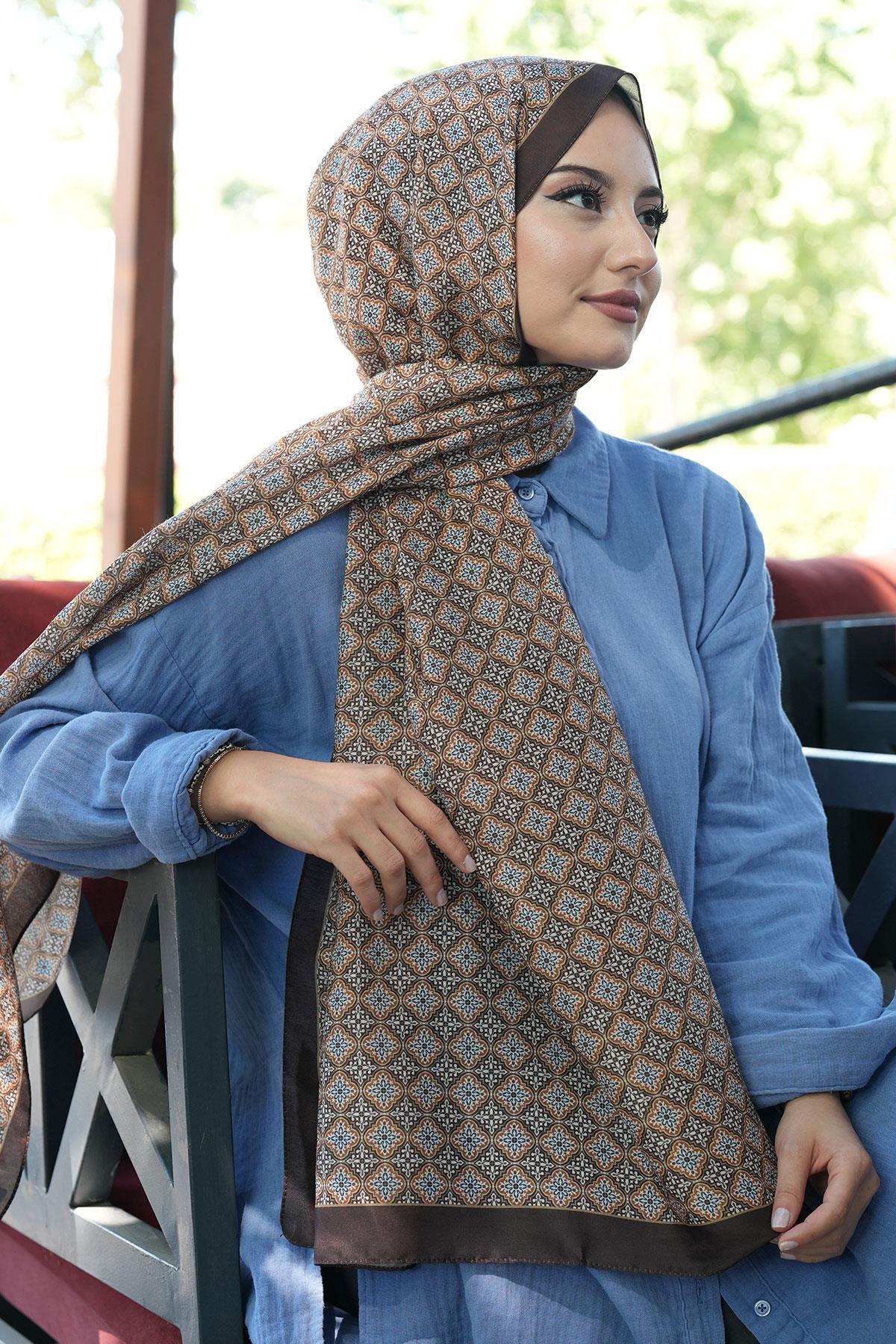 AFVENTE  Mozaik Desen Çikolata Soft Pamuk Şal - Görsel 4