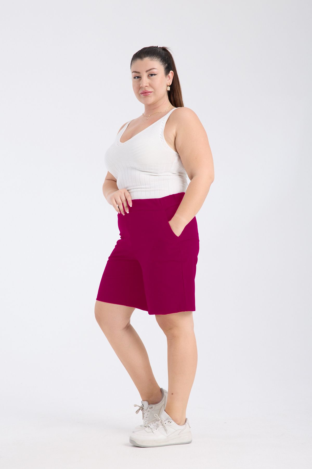Gül Moda-Pantaloni scurți din țesătură elastică în talie fucsia pentru femei G122-4 2