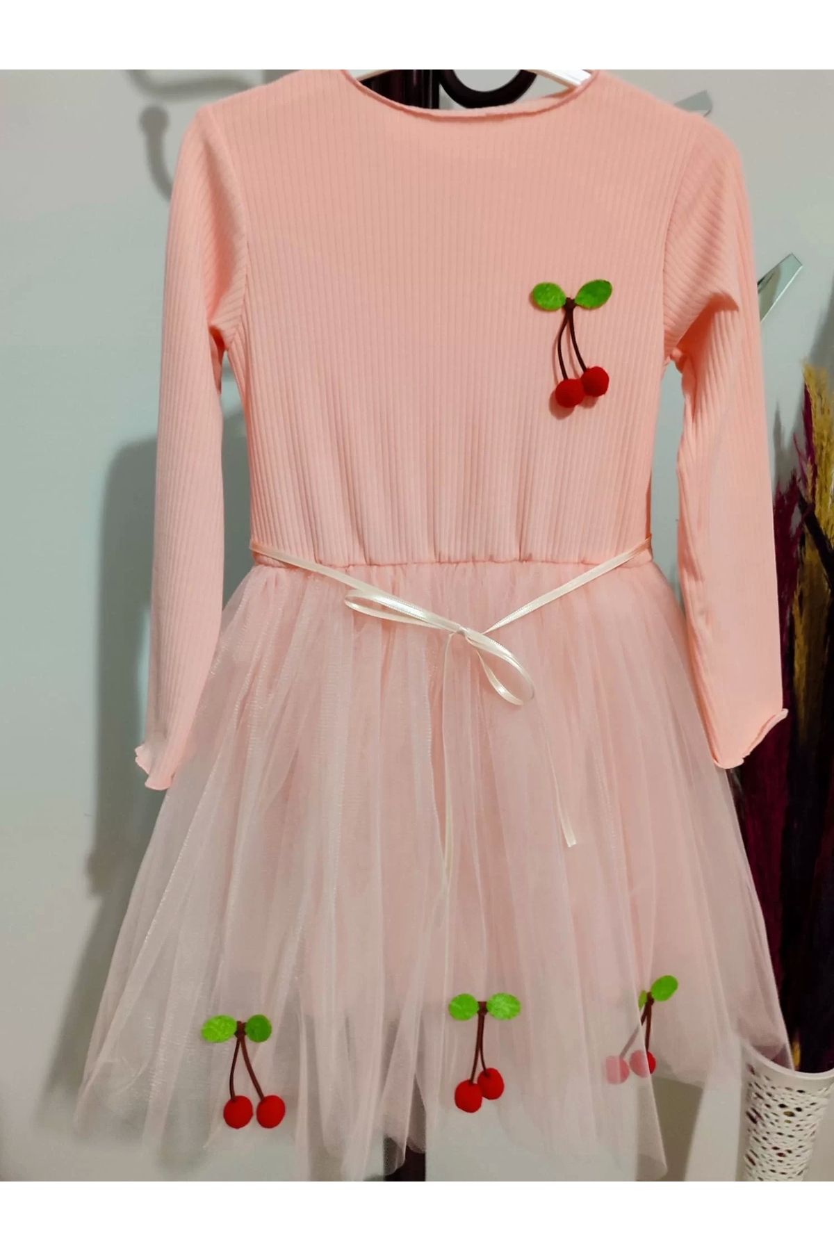 DEFNADA-5-6-7 Years Old Cherry Patterned Ribbon Belted Lined Long Sleeve Girl's Tutu Dress Salmon 3