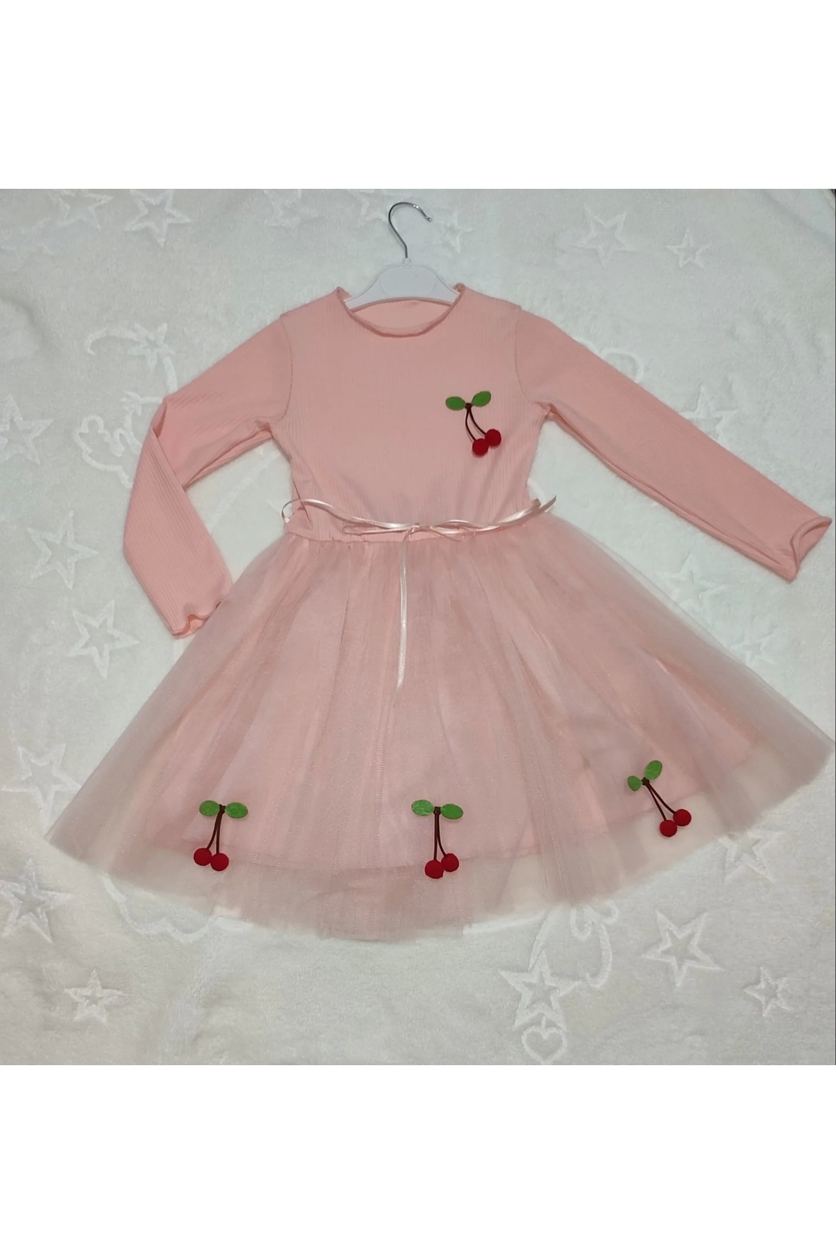 DEFNADA-5-6-7 Years Old Cherry Patterned Ribbon Belted Lined Long Sleeve Girl's Tutu Dress Salmon 2