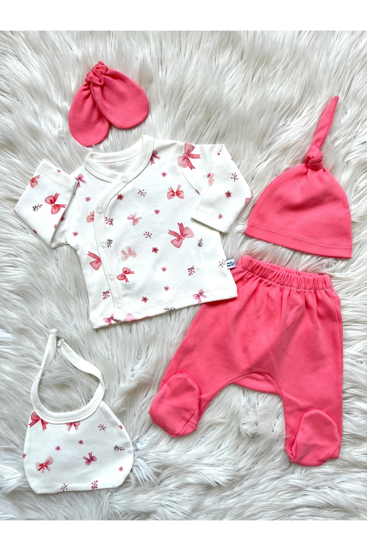 Bow Pattern Rose 5’li Yenidoğan Kız Bebek Hastane Çıkışı Seti