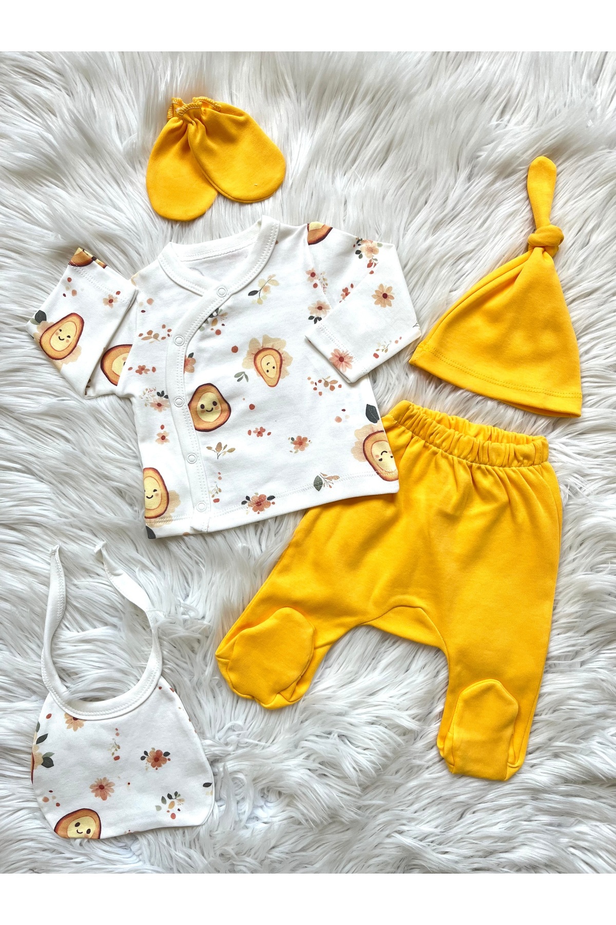 Linda Harris Happy Avacado Pattern Hardal 5’li Yenidoğan Bebek Hastane Çıkışı Seti