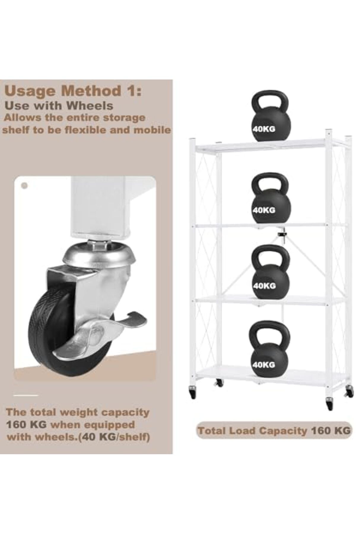 Generic-4 Tier Thickened Foldable Storage Rack with Wheels, No Assembly, Large Capacity Shelves, He 3