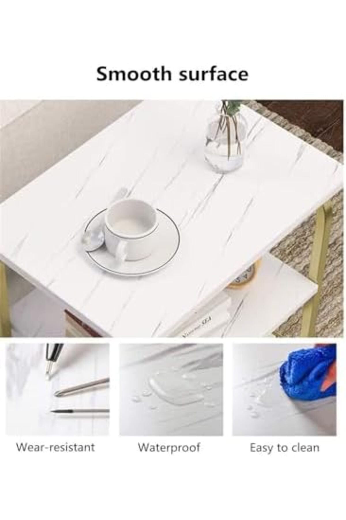 AGD-Luxury Faux Marble Coffee Table with Gold Frame Double Layer Multipurpose Side Table Snack Drink 5