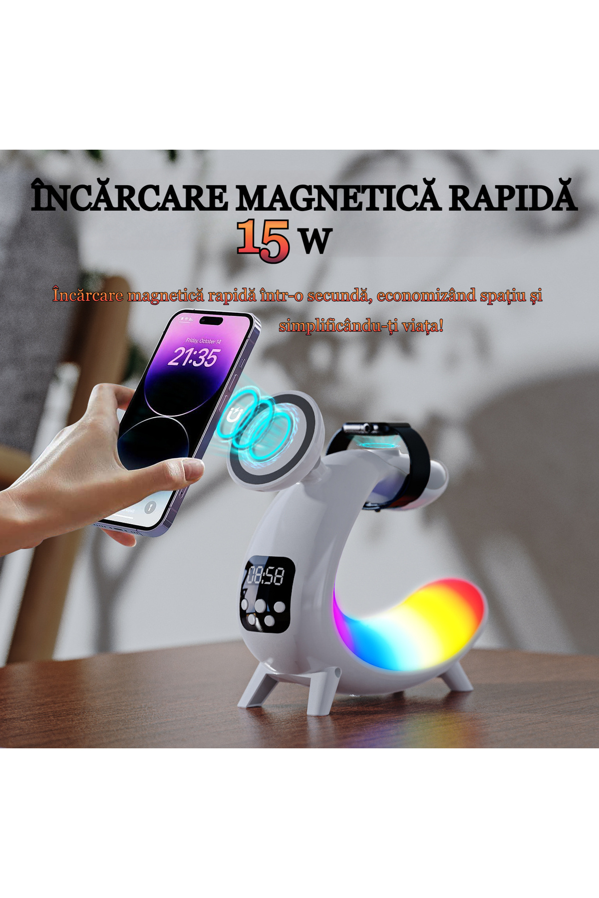 VENTLEX-Wireless Charger, 6 in 1 RGB Fast Charge, With Built-in Speaker, Digital Clock, Lighting, Magsafe 6