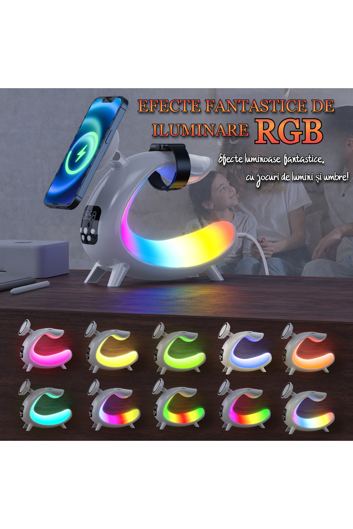 VENTLEX-Wireless Charger, 6 in 1 RGB Fast Charge, With Built-in Speaker, Digital Clock, Lighting, Magsafe 4