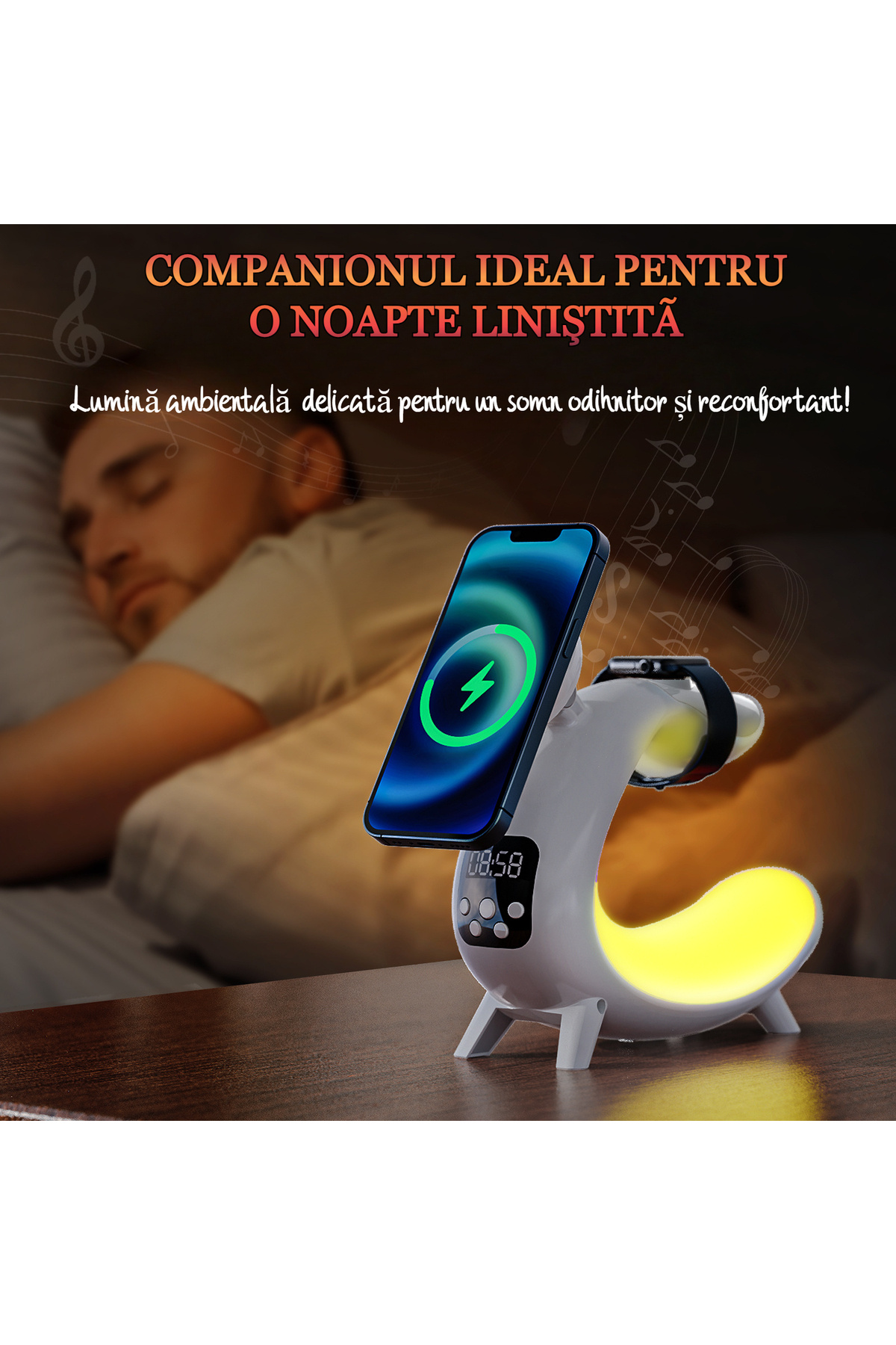 VENTLEX-Wireless Charger, 6 in 1 RGB Fast Charge, With Built-in Speaker, Digital Clock, Lighting, Magsafe 8