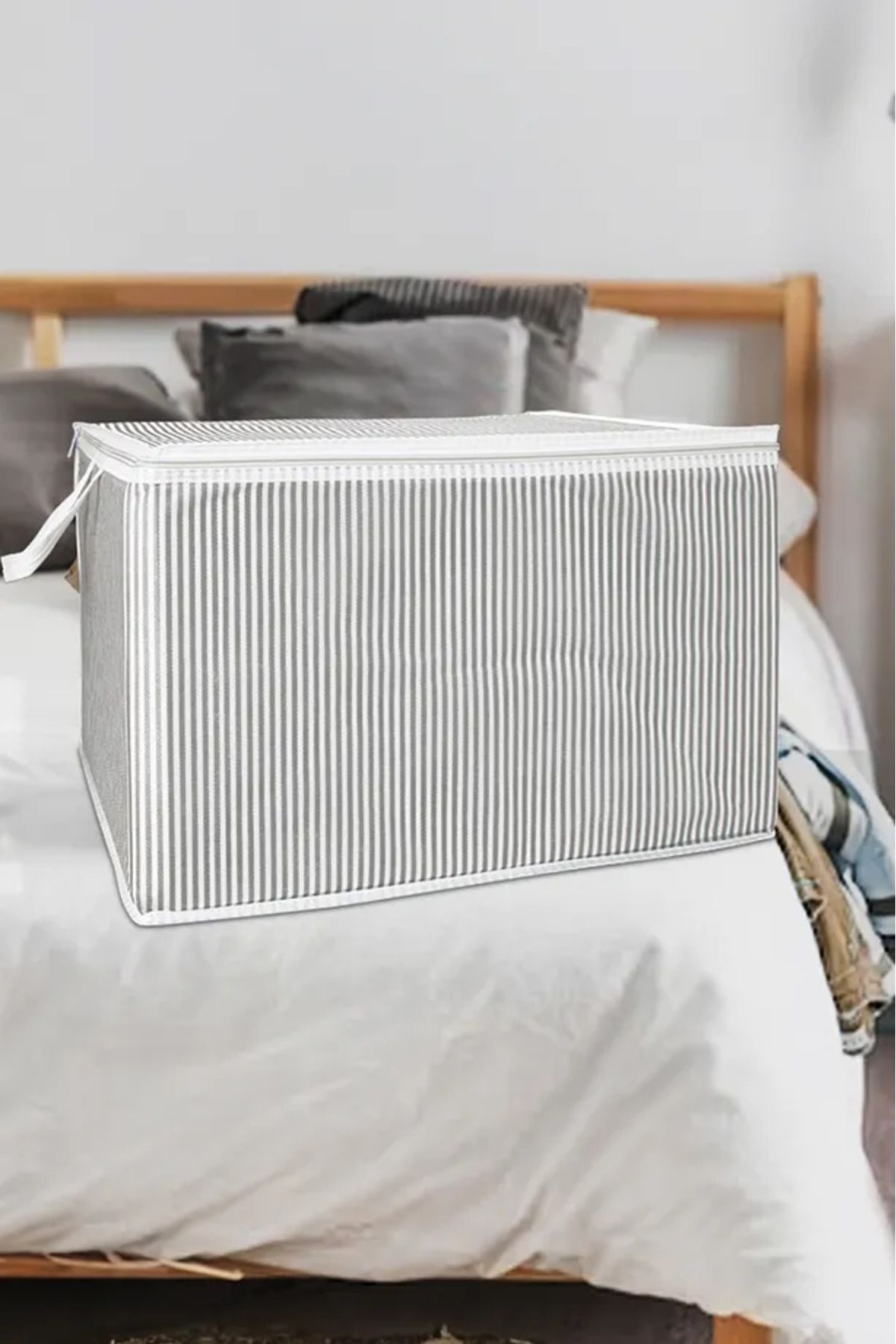 ALAS-(2 Pcs) Gray Striped Zippered Mini Size Pouch Pillow-Sweater-Clothing Organizer 45*40*30 cm 3
