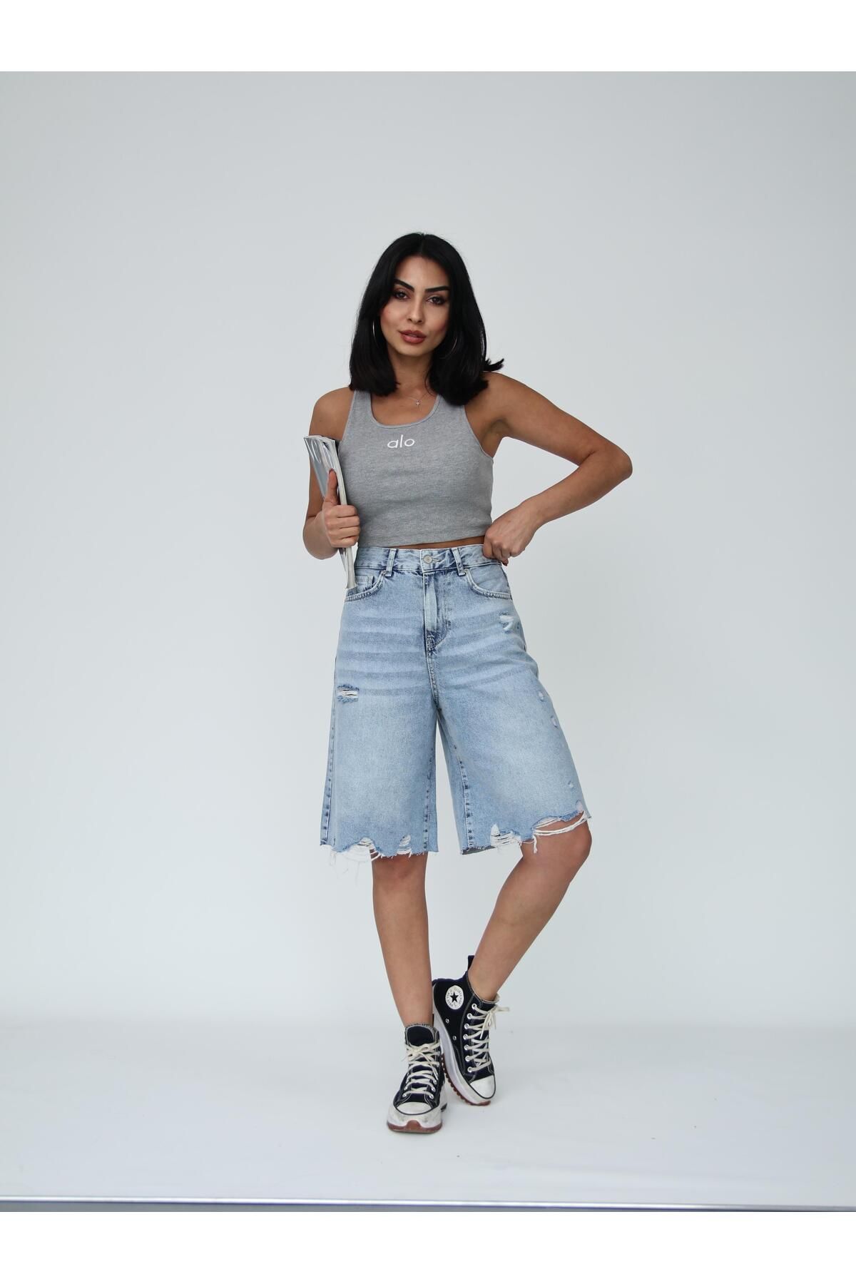 XBELLA DENİM-Pantaloni scurți Bermuda lungi de damă, cu detaliu rupt, lungime midi 6