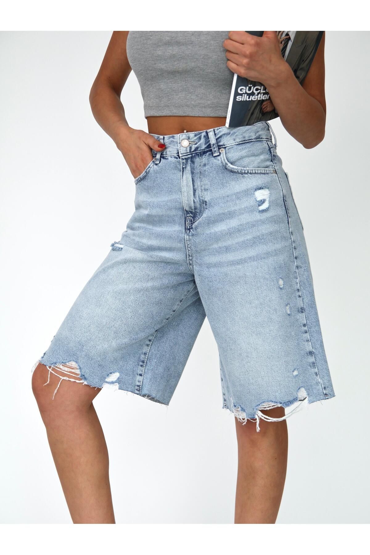 XBELLA DENİM-Pantaloni scurți Bermuda lungi de damă, cu detaliu rupt, lungime midi 3