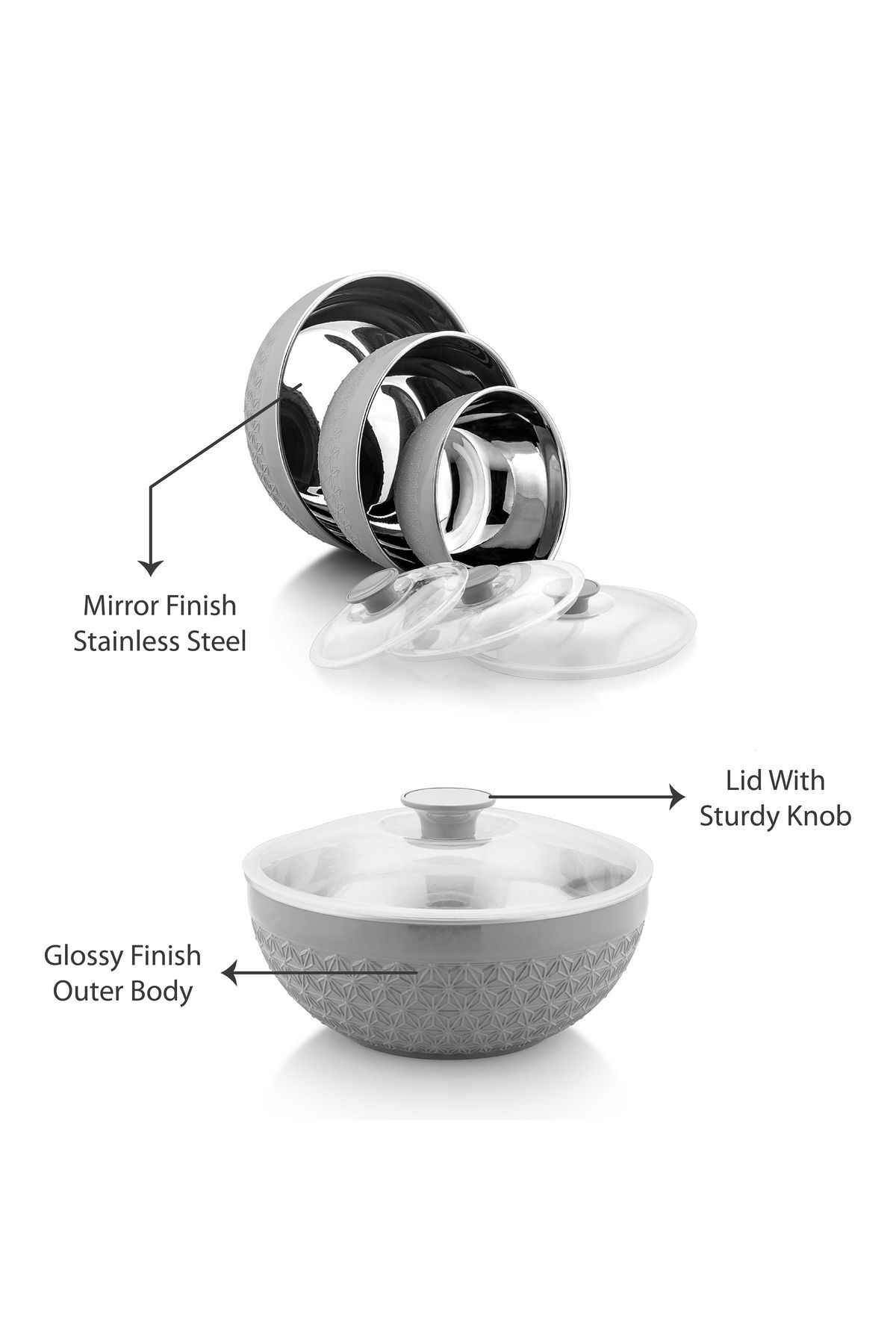 Axis-3pcs Insulated Mixing Bowl Set with Lids | 600ML, 1200ML, 1800ML | Steel Inner, Plastic Outer 5
