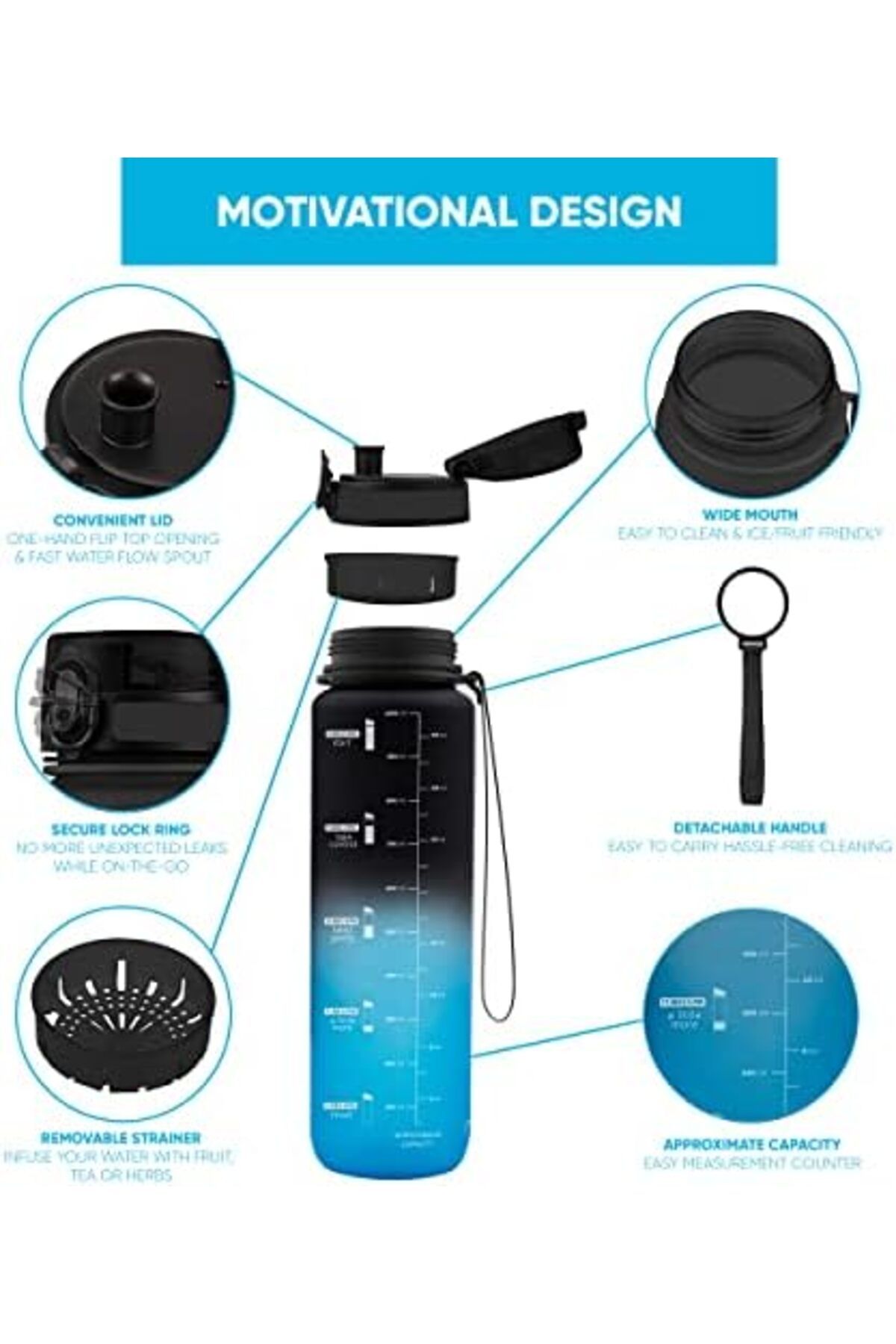 LA' PRECIOUS-Water Bottle for Adults, 1 liter-USA Tritan Material, Non-Toxic BPA Free, Fast Flow, Fl 4