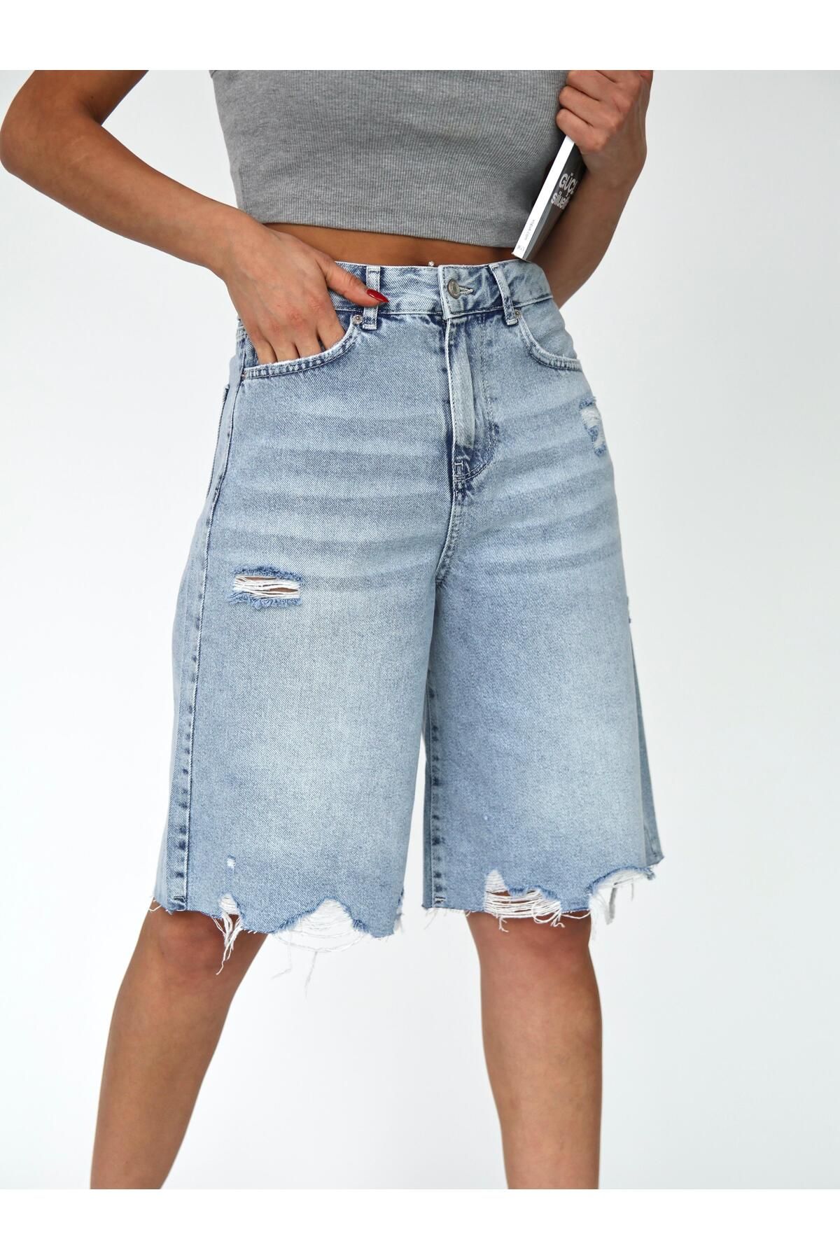 XBELLA DENİM-Pantaloni scurți Bermuda lungi de damă, cu detaliu rupt, lungime midi 7