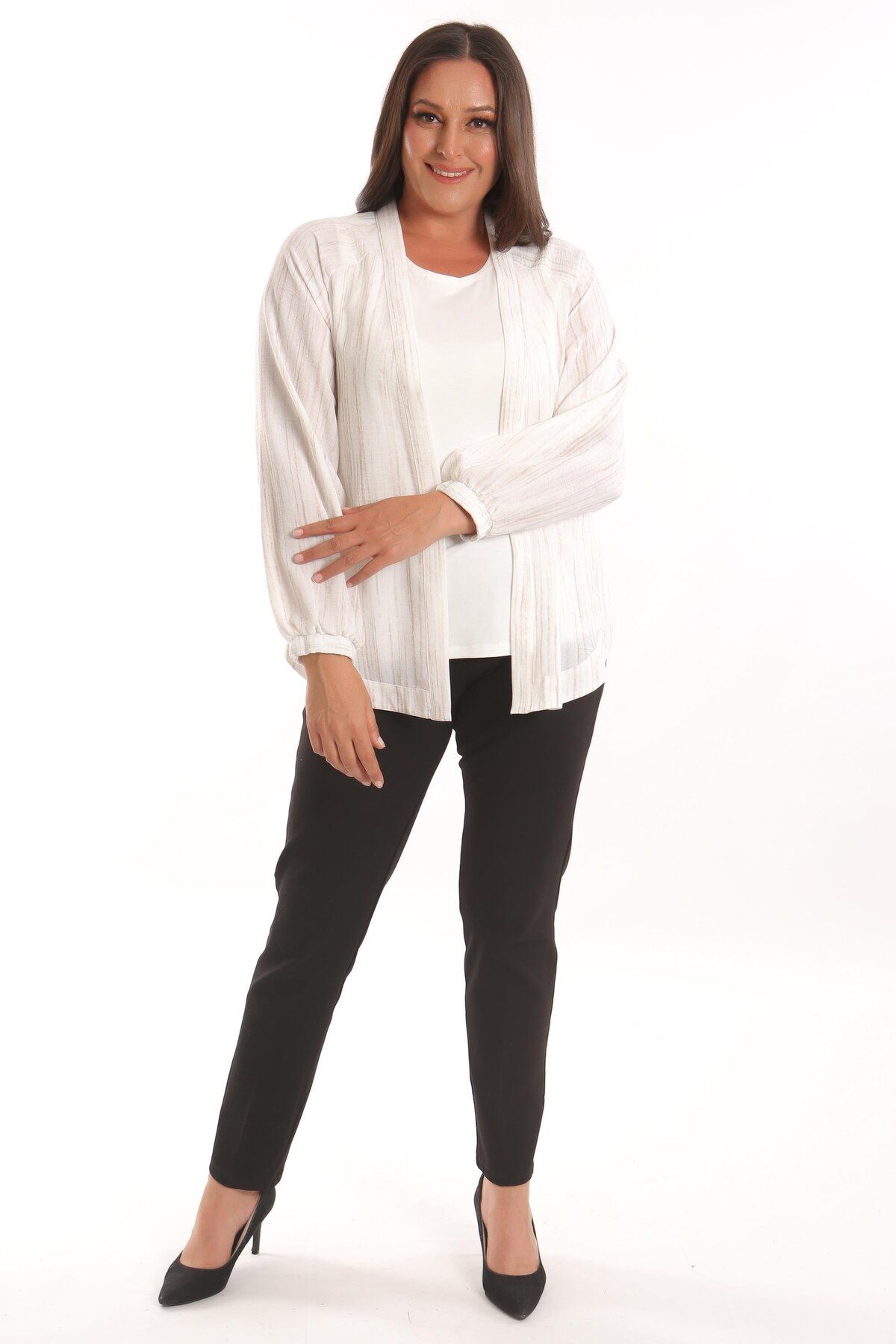 Metpoint-Trend42Plus Large Size Fabric Striped Oversize Ecru Jacket with Elastic Sleeves 3