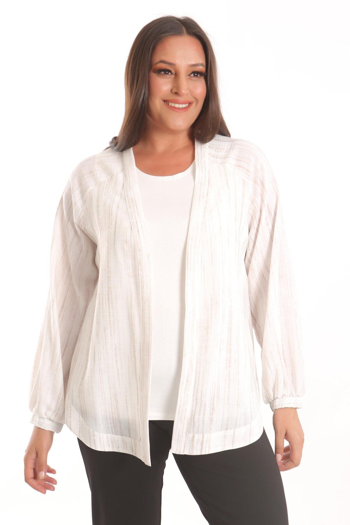 Metpoint-Trend42Plus Large Size Fabric Striped Oversize Ecru Jacket with Elastic Sleeves 2