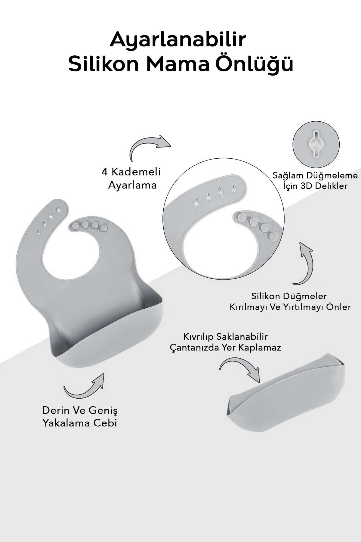 Meleni Baby 4'lü Silikon Beslenme Seti - Yapboz Puzzle Mama Tabağı Önlük Pipetli Bardak Diş Kaşıyıcı Kaşık Gri fotoğrafı 3 (önizleme)