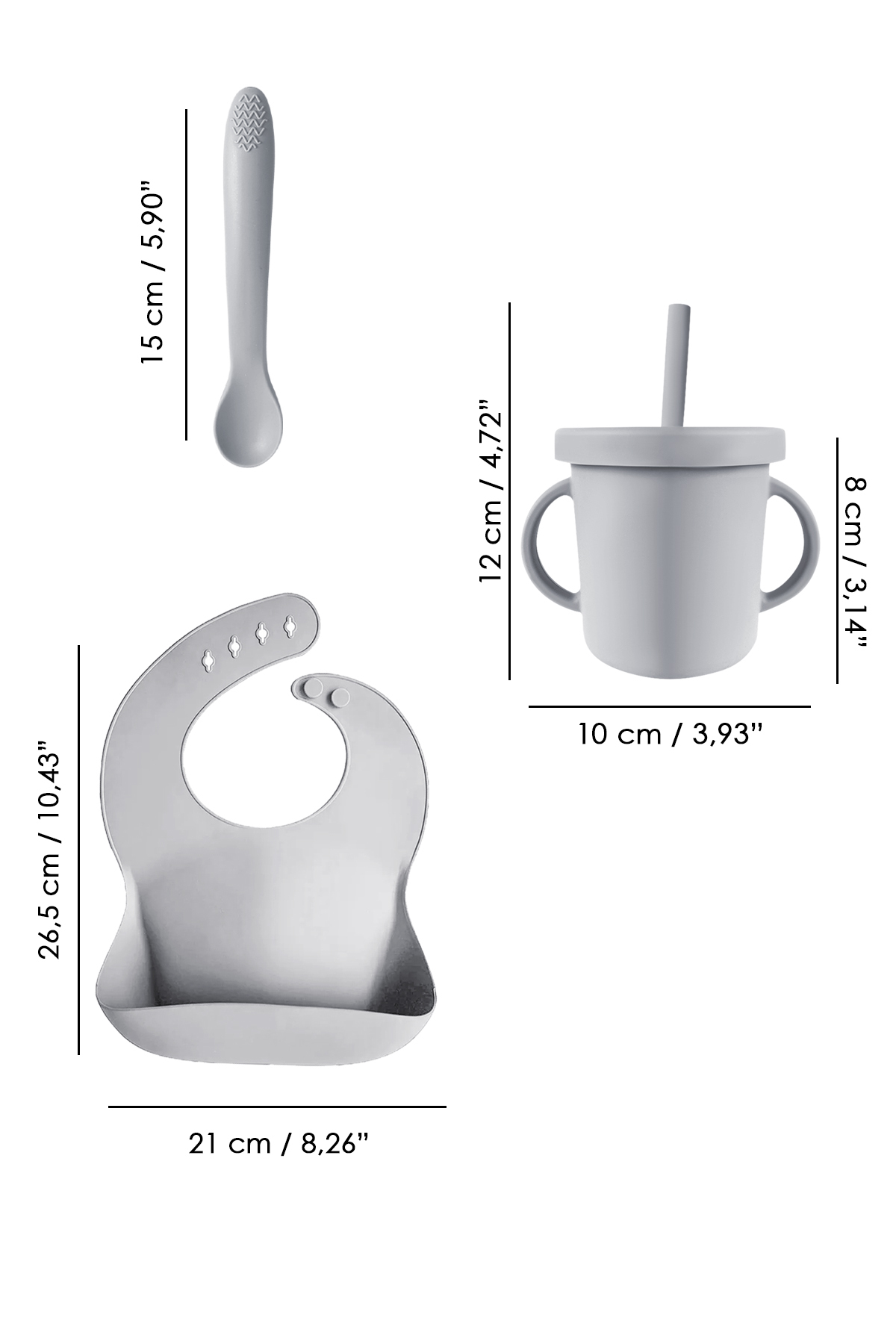 Meleni Baby 4'lü Silikon Beslenme Seti - Yapboz Puzzle Mama Tabağı Önlük Pipetli Bardak Diş Kaşıyıcı Kaşık Gri fotoğrafı 4 (önizleme)