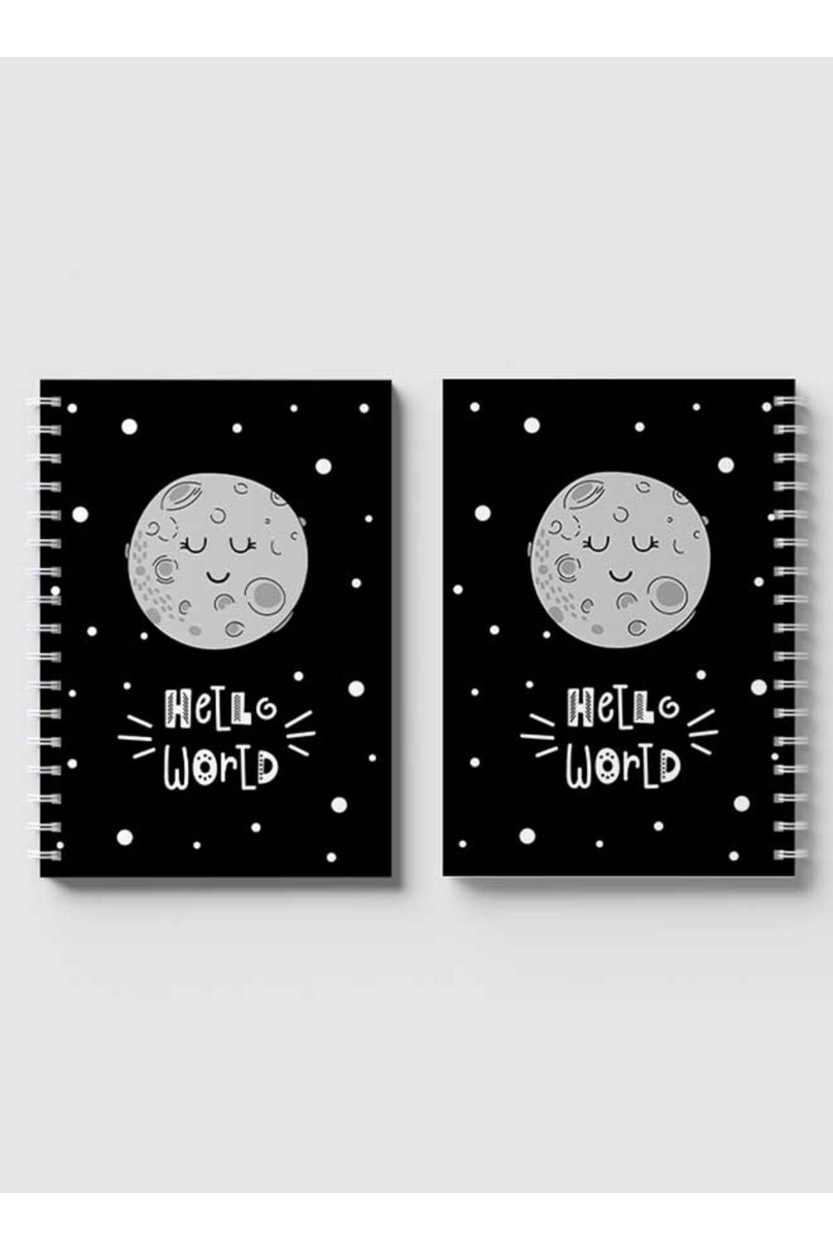 LOWHA-Spiral Notebook with Front and Back Hard Covers Featuring Moon Hello World Design 4