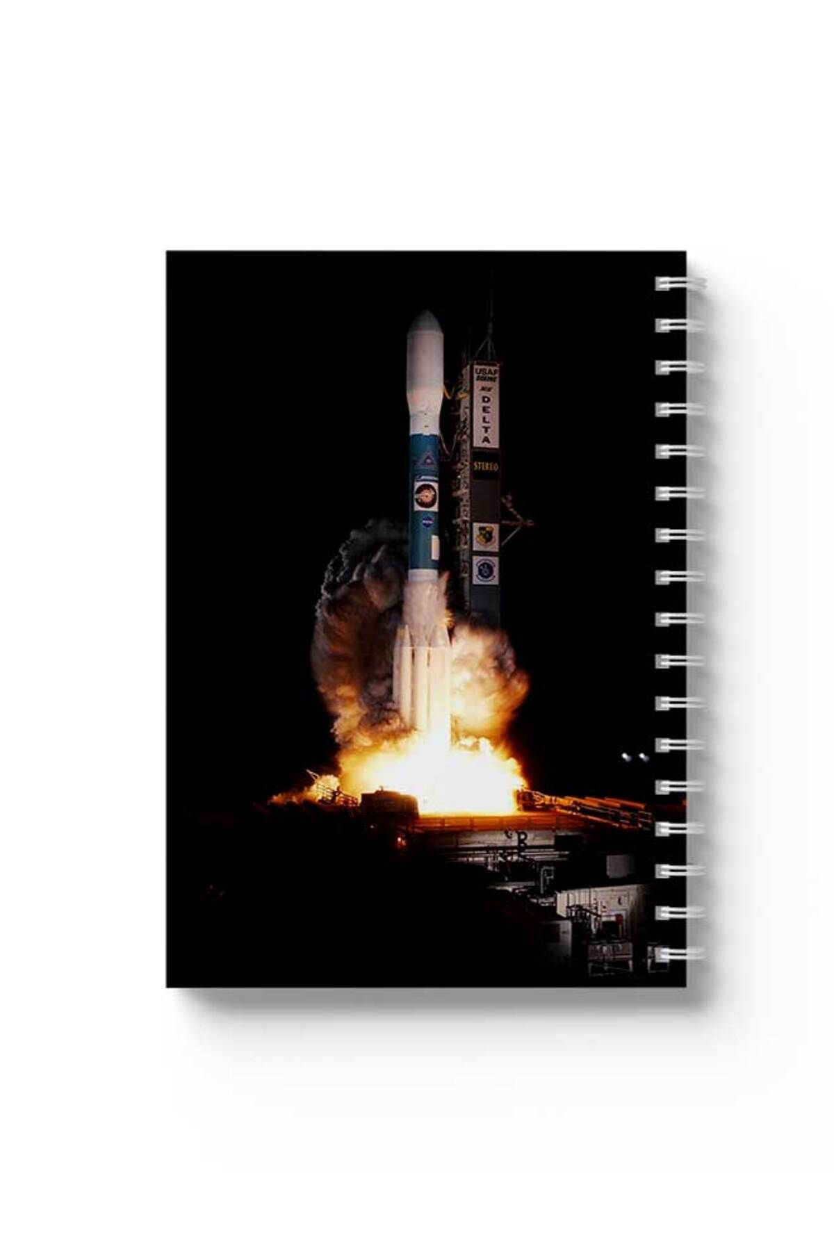 LOWHA-Spiral Notebook with Front and Back Hard Covers Featuring Space Rocket Design 1